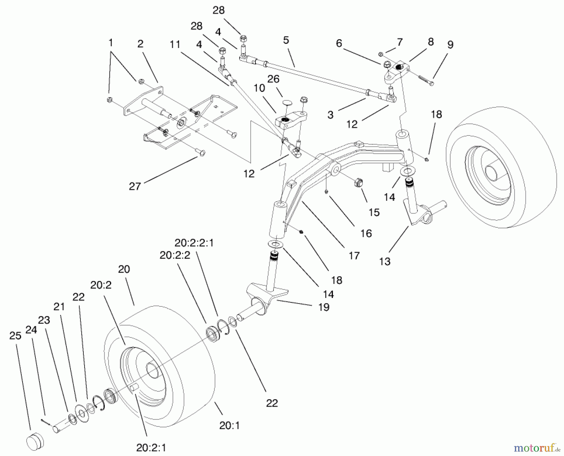 Toro Neu Mowers, Lawn & Garden Tractor Seite 1 73542 (520xi) - Toro 520xi Garden Tractor, 2000 (000000001-000999999) TIE RODS, SPINDLE, & FRONT AXLE ASSEMBLY