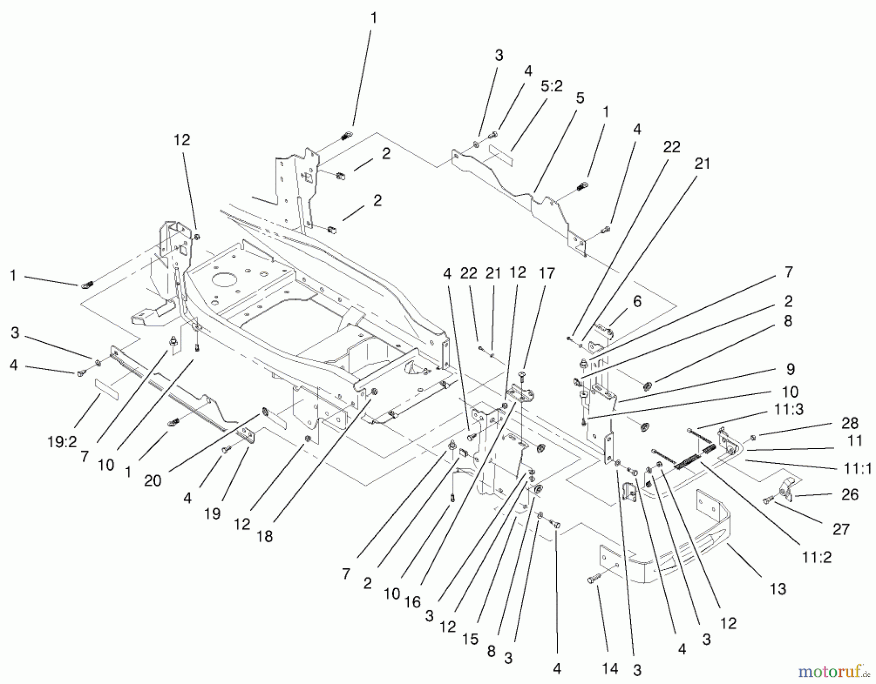  Toro Neu Mowers, Lawn & Garden Tractor Seite 1 73570 (520xi) - Toro 520xi Garden Tractor, 2000 (200000001-200999999) BUMPER & HOOD SUPPORT ASSEMBLY
