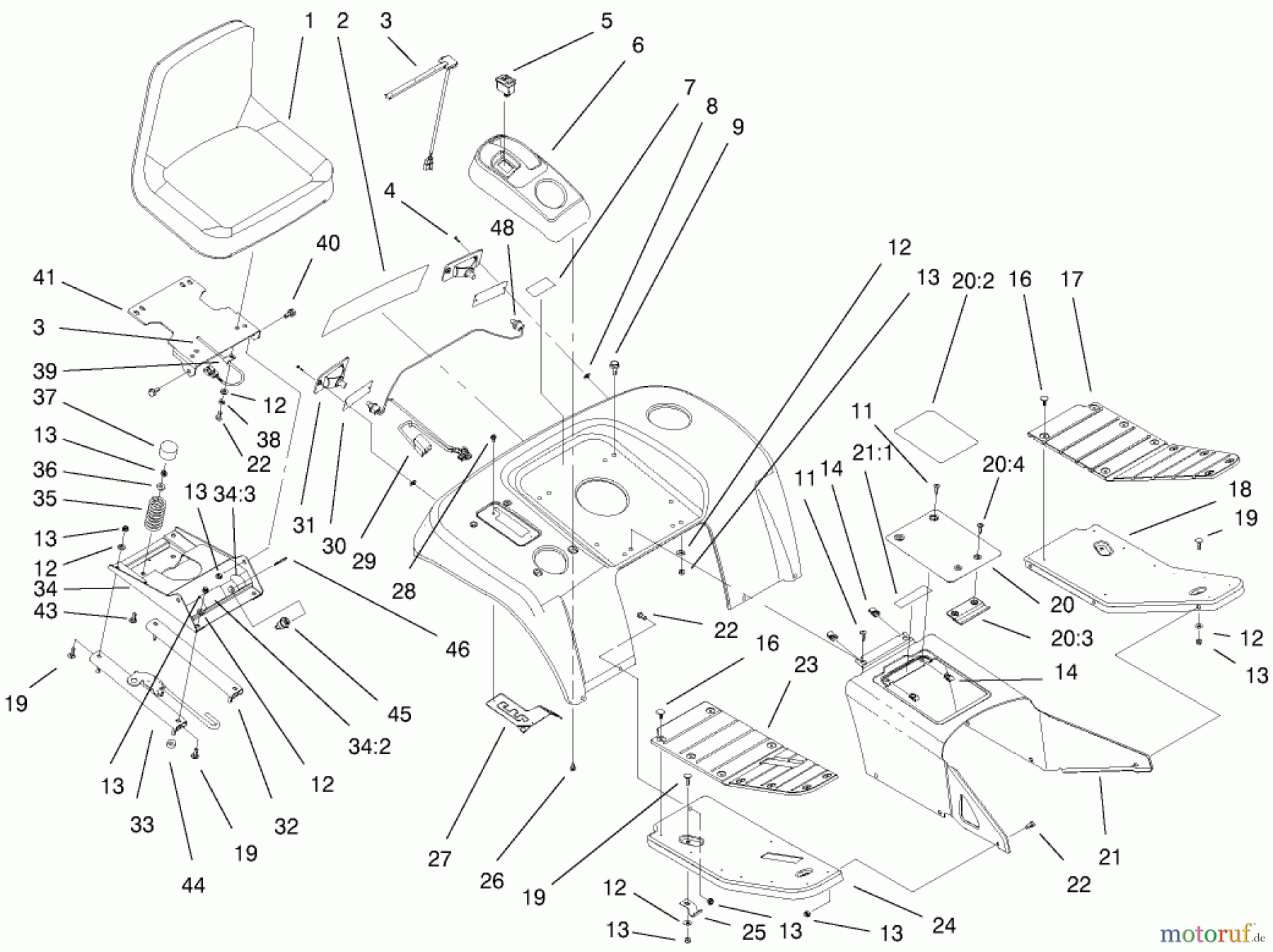Toro Neu Mowers, Lawn & Garden Tractor Seite 1 73570 (520xi) - Toro 520xi Garden Tractor, 2000 (200000001-200999999) FENDER, FOOTREST, & SEAT ASSEMBLY