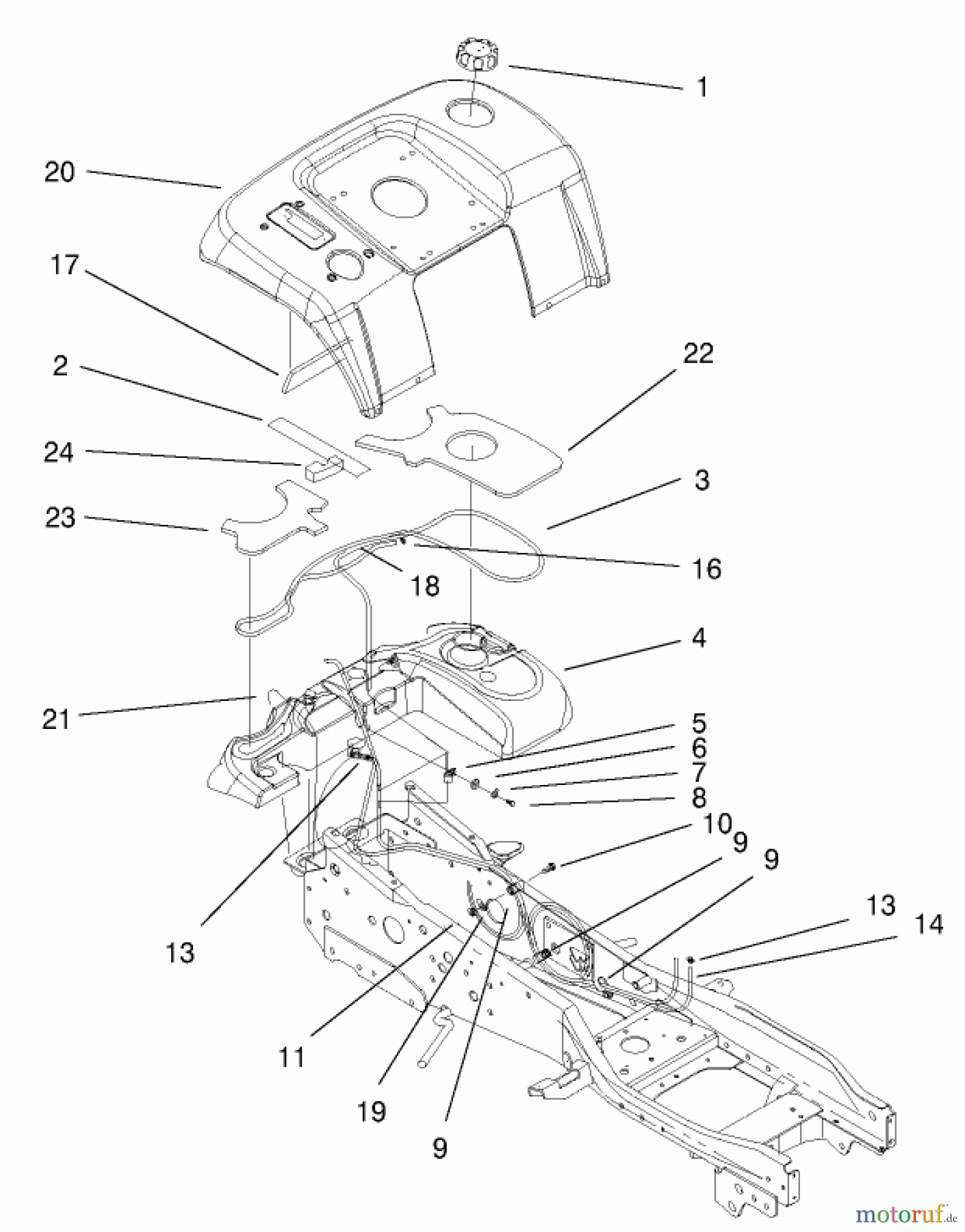  Toro Neu Mowers, Lawn & Garden Tractor Seite 1 73570 (520xi) - Toro 520xi Garden Tractor, 2000 (200000001-200999999) FENDER & FUEL SYSTEM ASSEMBLY