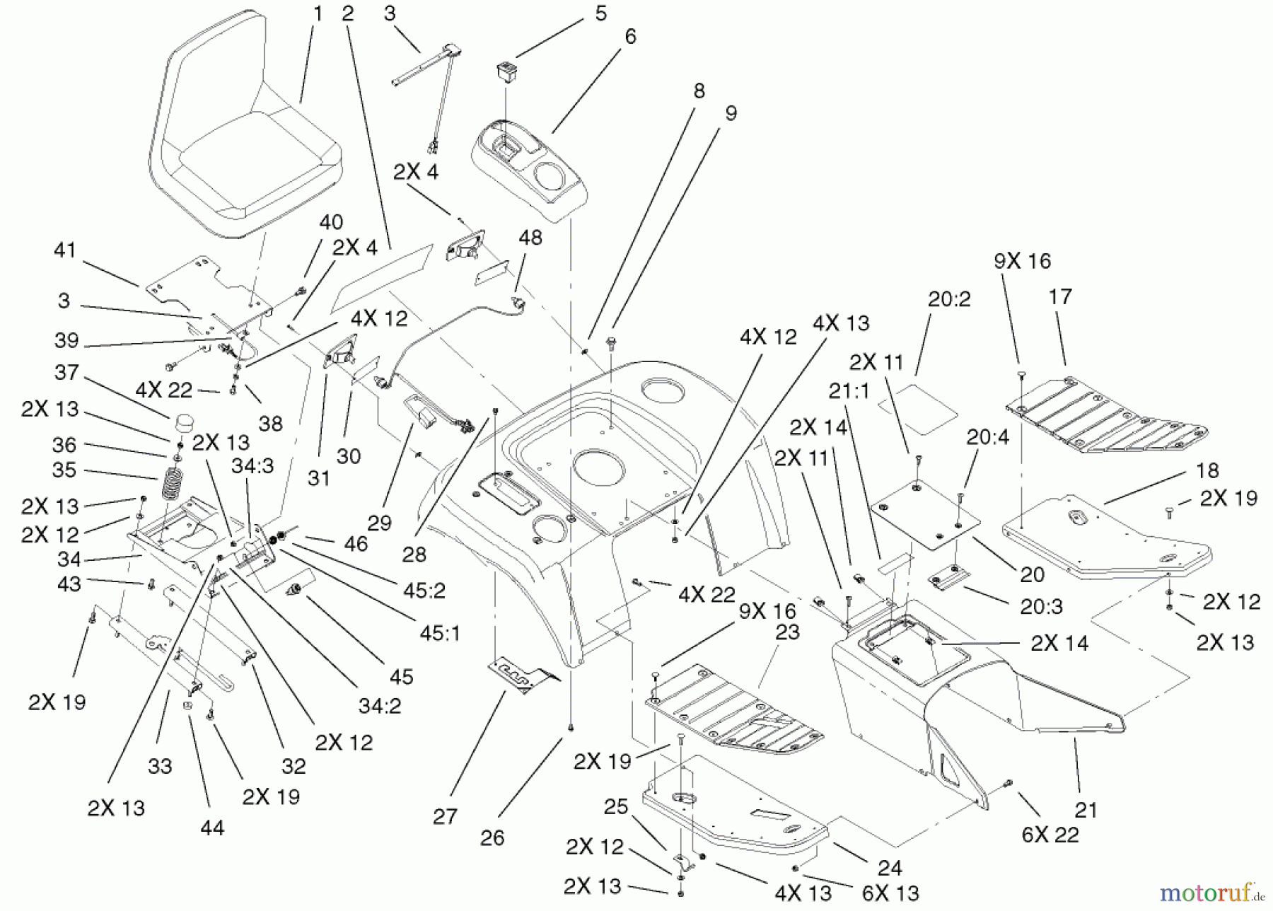 Toro Neu Mowers, Lawn & Garden Tractor Seite 1 73570 (520xi) - Toro 520xi Garden Tractor, 2002 (220000001-220999999) FENDER, FOOTREST, & SEAT ASSEMBLY