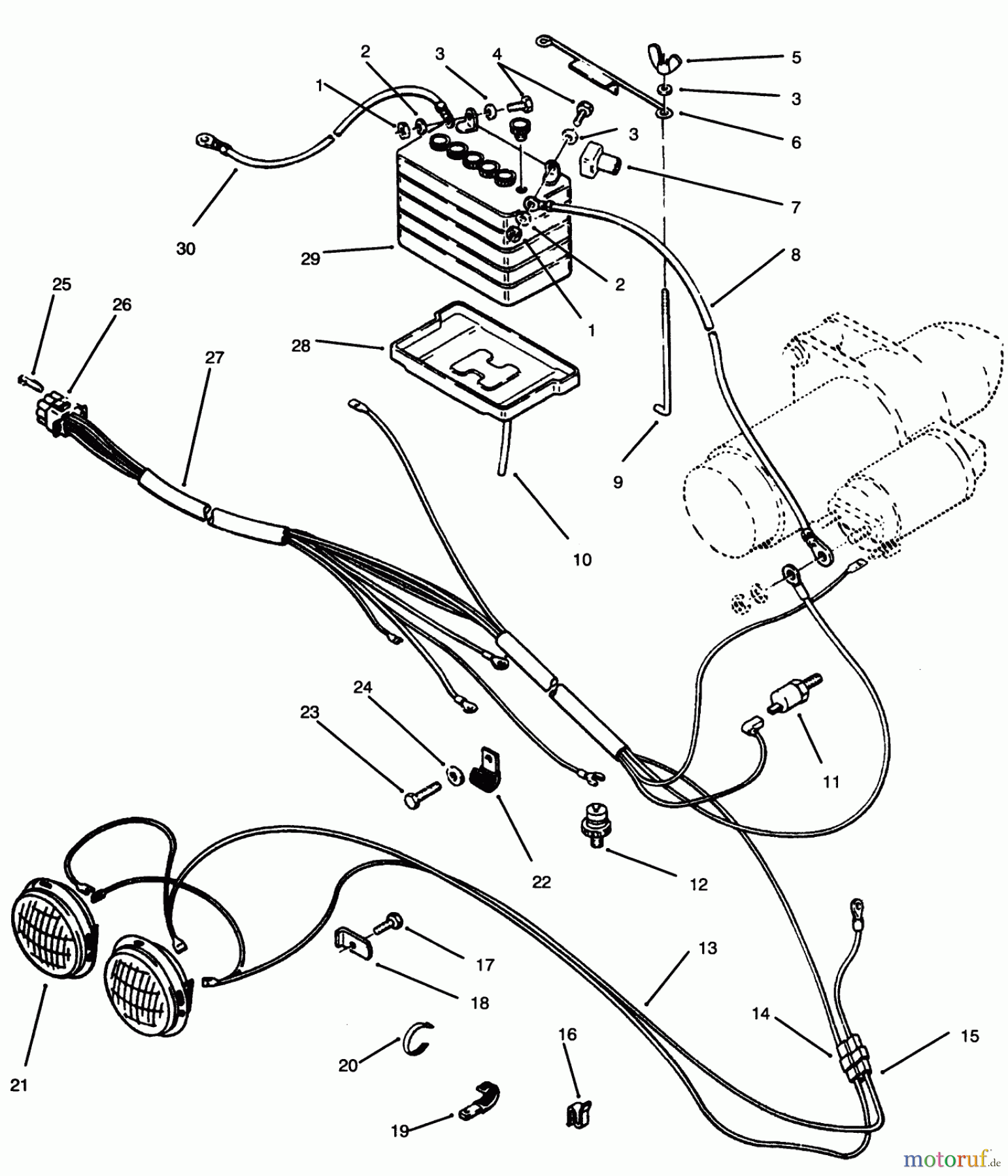 Toro Neu Mowers, Lawn & Garden Tractor Seite 1 73501 (520-H) - Toro 520-H Garden Tractor, 1995 (59002869-59002946) BATTERY & HEADLIGHTS ASSEMBLY