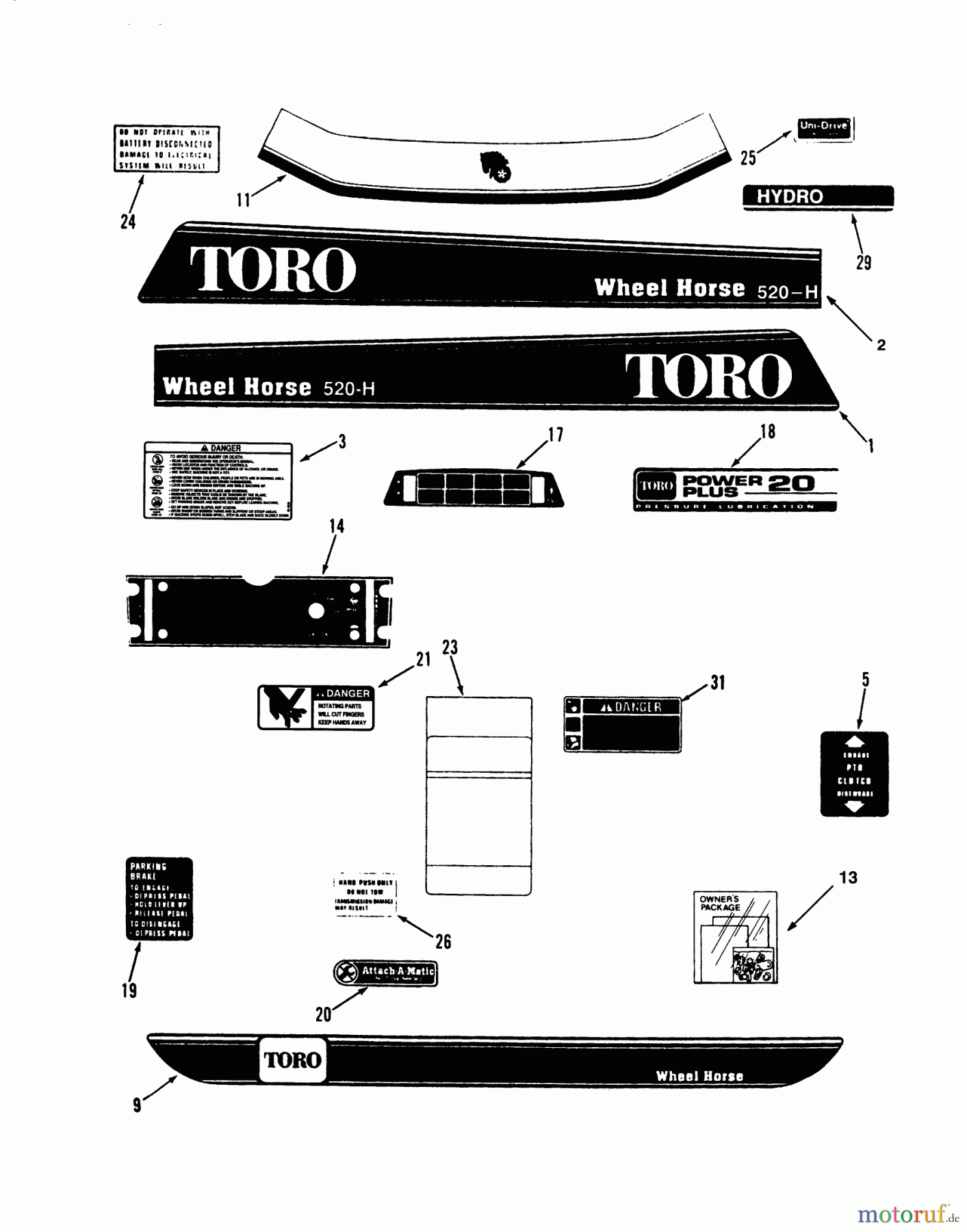 Toro Neu Mowers, Lawn & Garden Tractor Seite 1 73520 (520-H) - Toro 520-H Garden Tractor, 1993 (39000001-39999999) DECALS