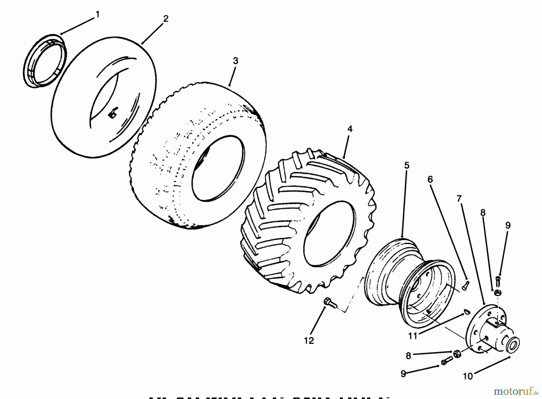 Toro Neu Mowers, Lawn & Garden Tractor Seite 1 73520 (520-H) - Toro 520-H Garden Tractor, 1994 (4900001-4999999) REAR WHEELS AND TIRES
