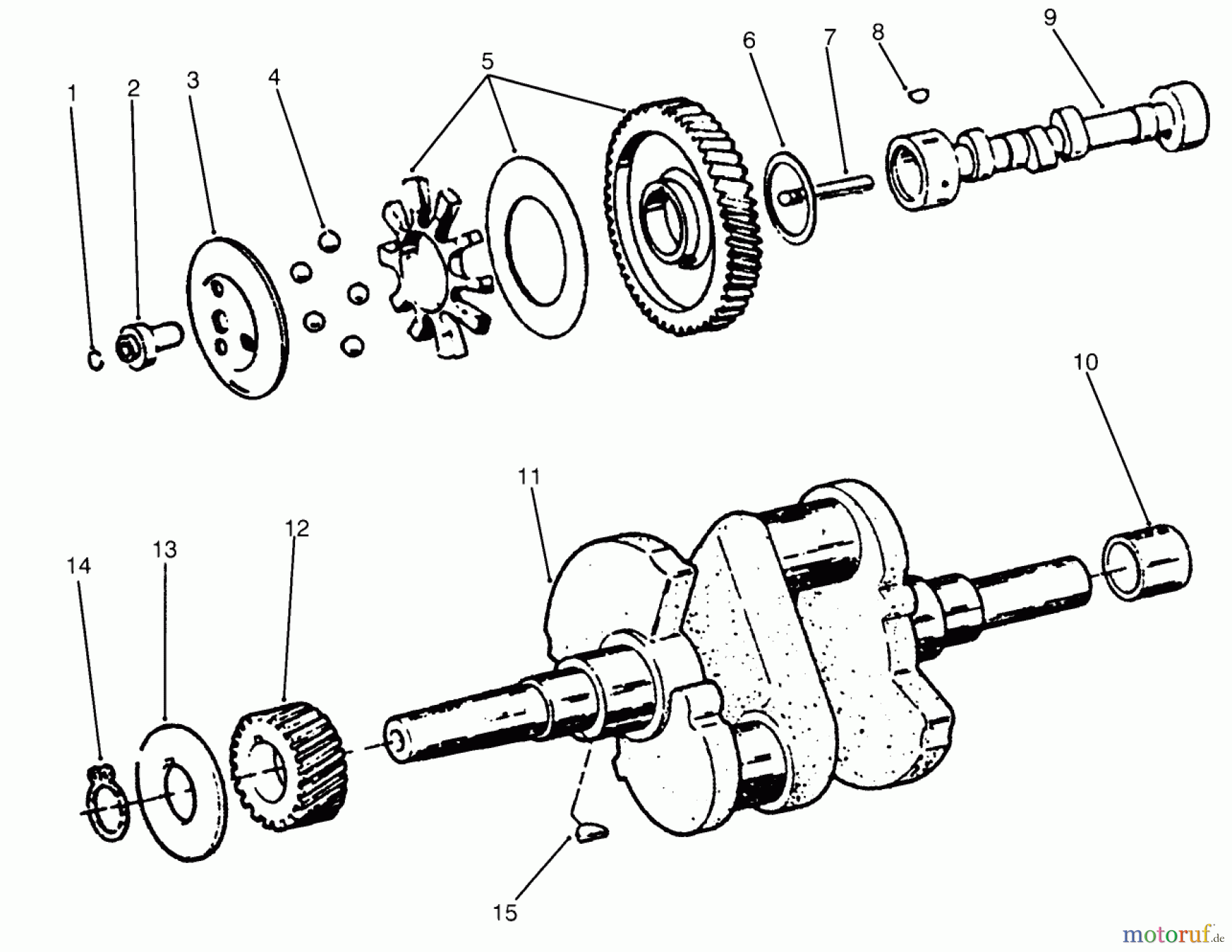 Toro Neu Mowers, Lawn & Garden Tractor Seite 1 73520 (520-H) - Toro 520-H Garden Tractor, 1995 (5900001-5900177) CAMSHAFT & CRANKSHAFT