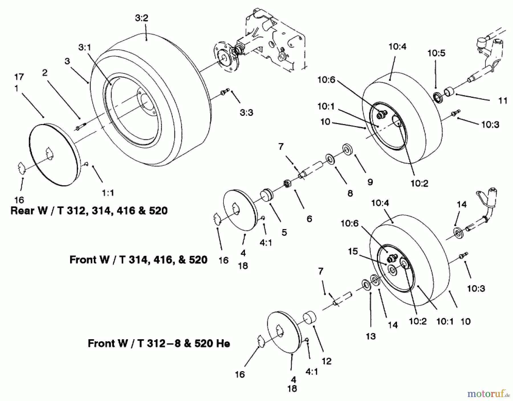 Toro Neu Mowers, Lawn & Garden Tractor Seite 1 73521 (520-H) - Toro 520-H Garden Tractor, 1997 (7900001-7999999) WHEEL ASSEMBLIES