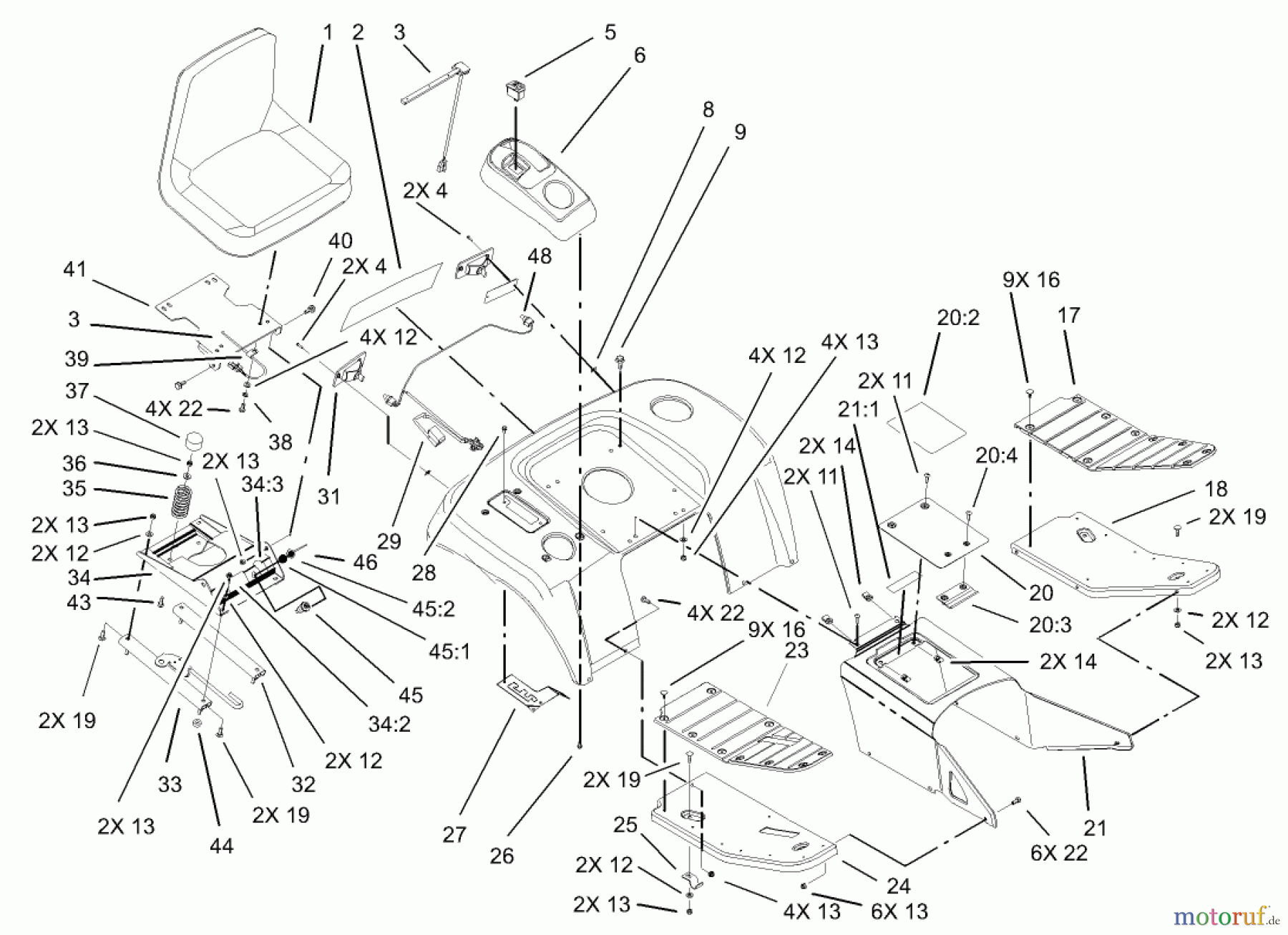  Toro Neu Mowers, Lawn & Garden Tractor Seite 1 73542 (520xi) - Toro 520xi Garden Tractor, 2003 (230000001-230999999) FENDER, FOOTREST AND SEAT ASSEMBLY
