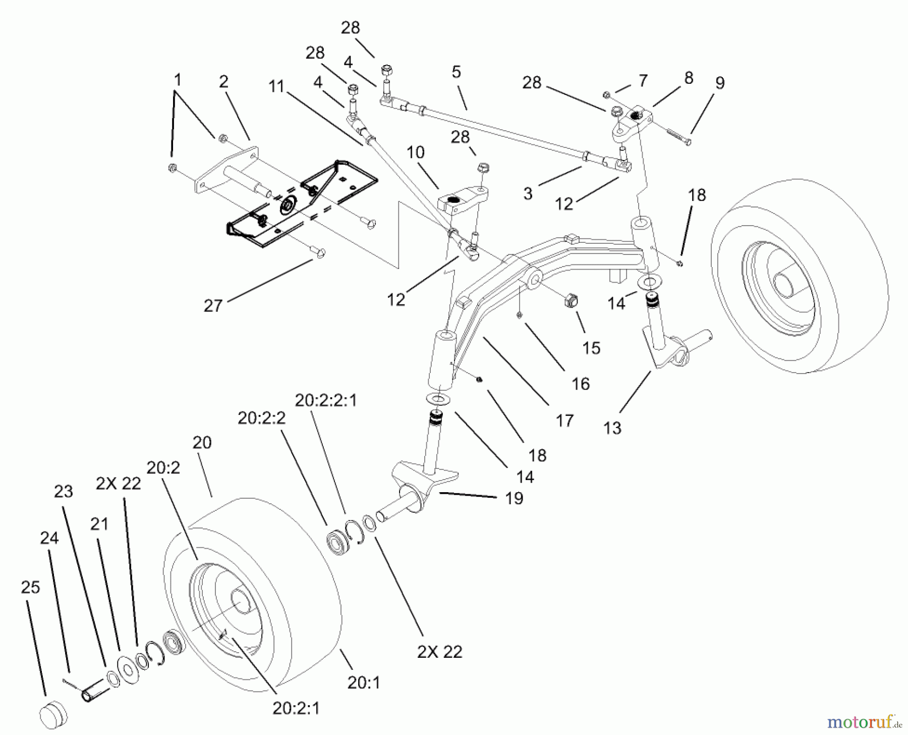  Toro Neu Mowers, Lawn & Garden Tractor Seite 1 73542 (520xi) - Toro 520xi Garden Tractor, 2003 (230000001-230999999) TIE ROD, SPINDLE AND FRONT AXLE ASSEMBLY