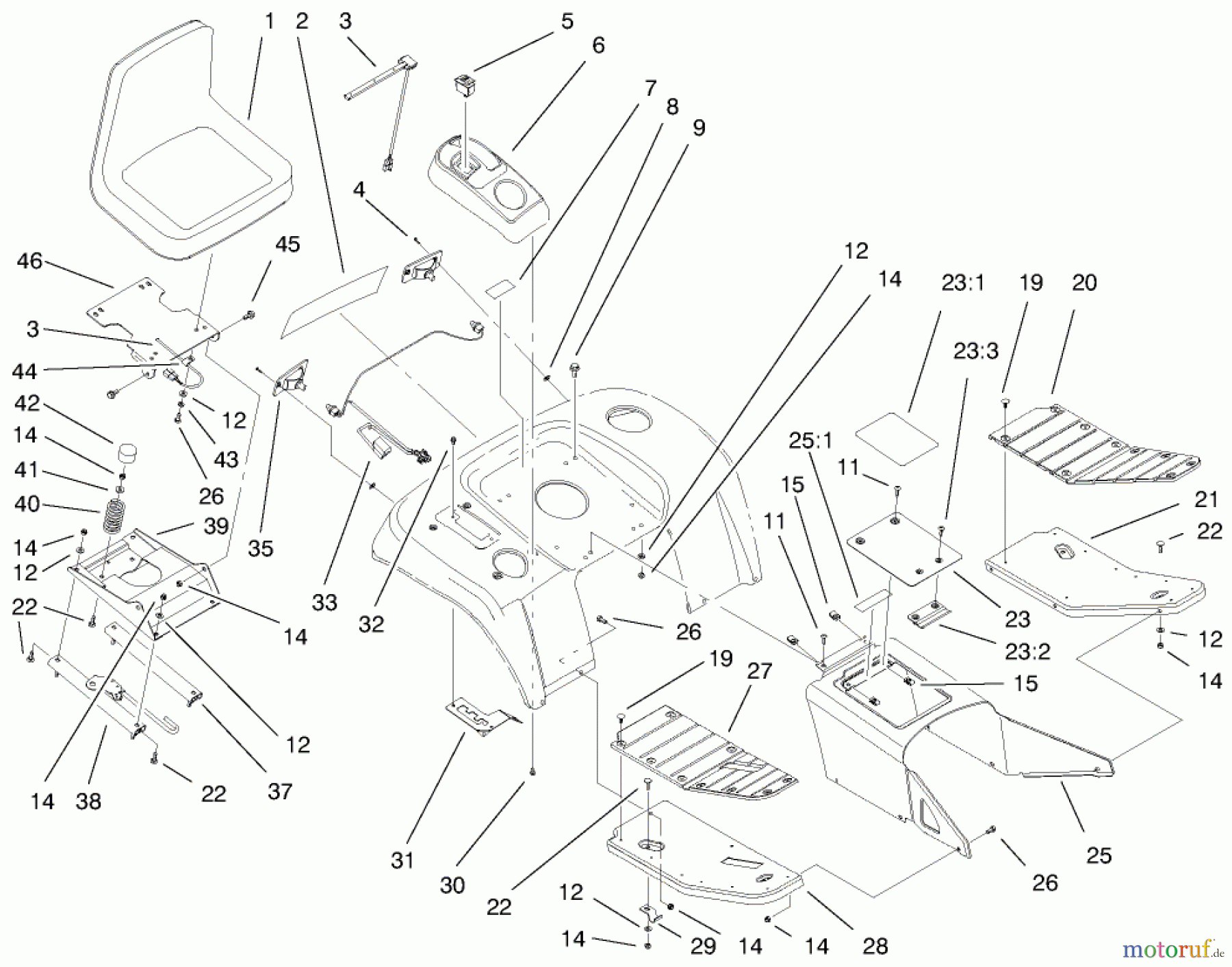 Toro Neu Mowers, Lawn & Garden Tractor Seite 1 73545 (520Lxi) - Toro 520Lxi Garden Tractor, 1998 (8900001-8999999) FENDER, FOOTREST AND SEAT ASSEMBLY