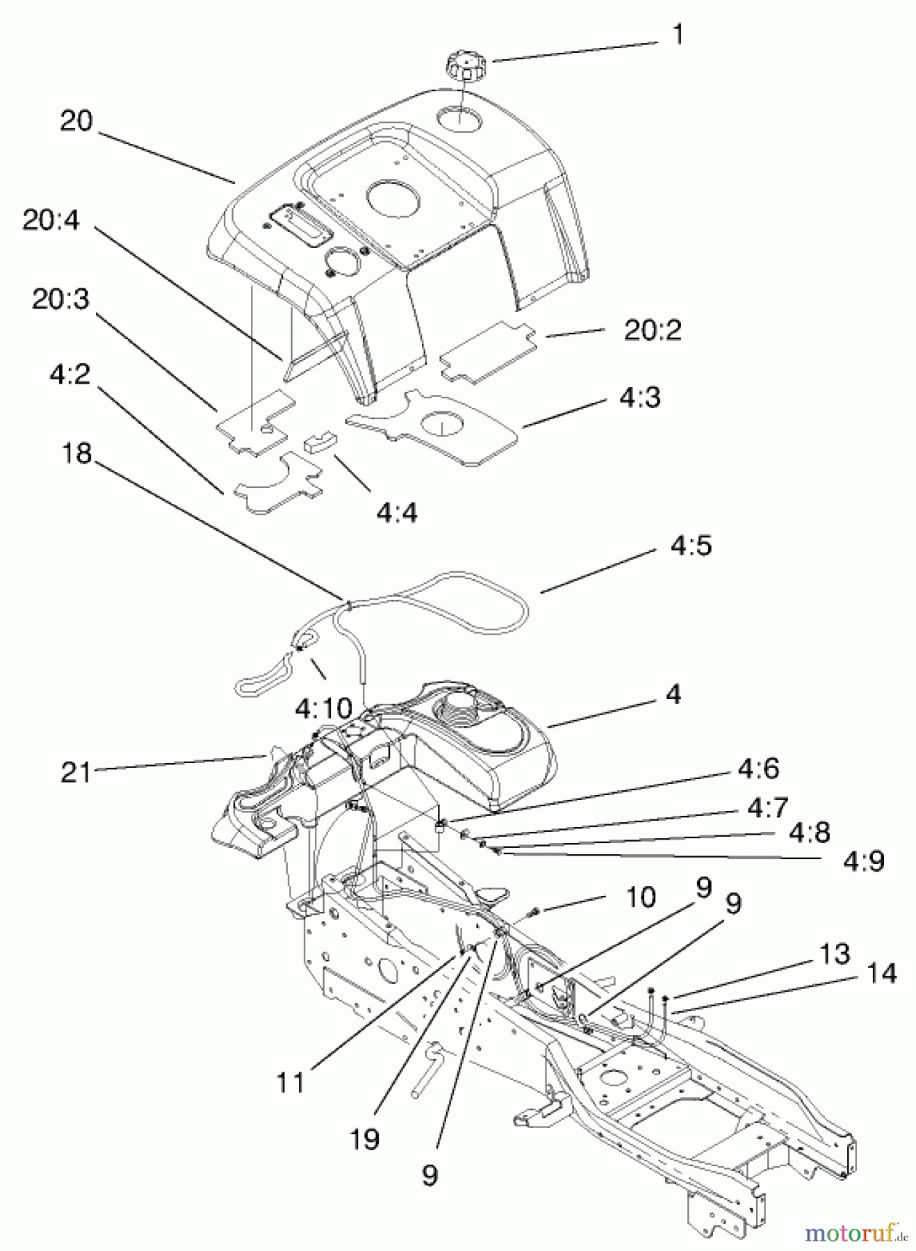 Toro Neu Mowers, Lawn & Garden Tractor Seite 1 73547 (520Lxi) - Toro 520Lxi Garden Tractor, 2000 (200000001-200000241) FENDER & FUEL SYSTEM ASSEMBLY