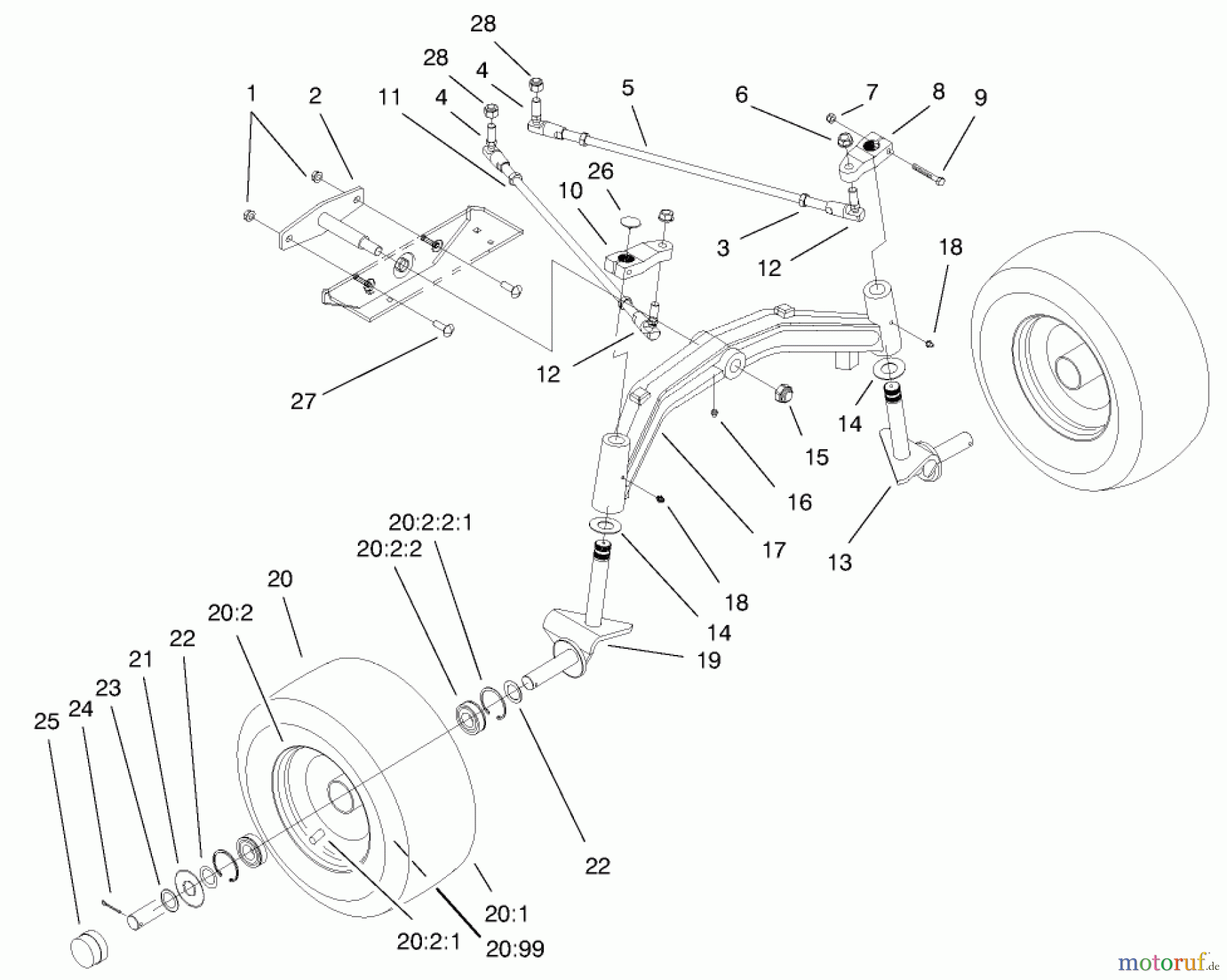 Toro Neu Mowers, Lawn & Garden Tractor Seite 1 73580 (520Lxi) - Toro 520Lxi Garden Tractor, 1999 (9900001-9999999) TIE RODS, SPINDLE, & FRONT AXLE ASSEMBLY