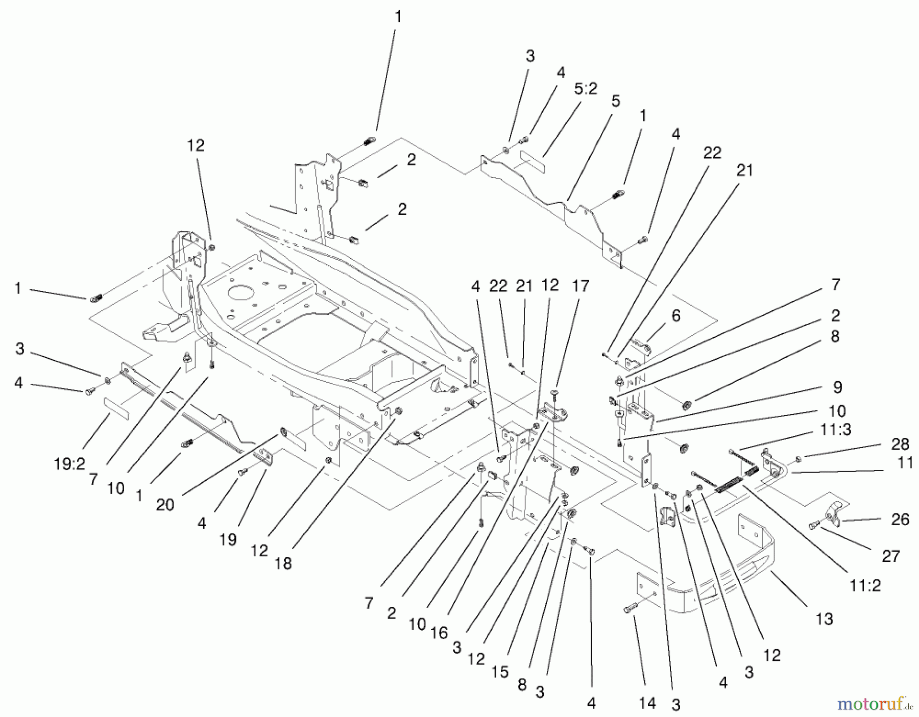 Toro Neu Mowers, Lawn & Garden Tractor Seite 1 73580 (520Lxi) - Toro 520Lxi Garden Tractor, 2000 (200000001-200999999) BUMPER & HOOD SUPPORT ASSEMBLY