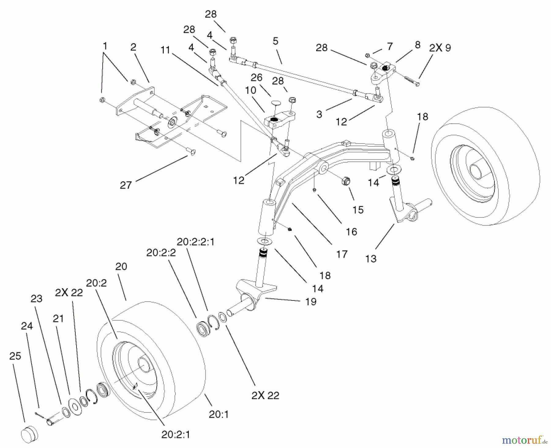 Toro Neu Mowers, Lawn & Garden Tractor Seite 1 73580 (520Lxi) - Toro 520Lxi Garden Tractor, 2001 (210000001-210999999) TIE RODS, SPINDLE & FRONT AXLE ASSEMBLY