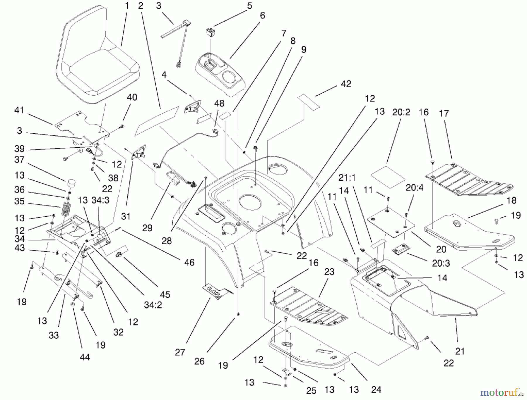 Toro Neu Mowers, Lawn & Garden Tractor Seite 1 73552 (523Dxi) - Toro 523Dxi Garden Tractor, 2000 (200000001-200999999) FENDER, FOOTREST, & SEAT ASSEMBLY