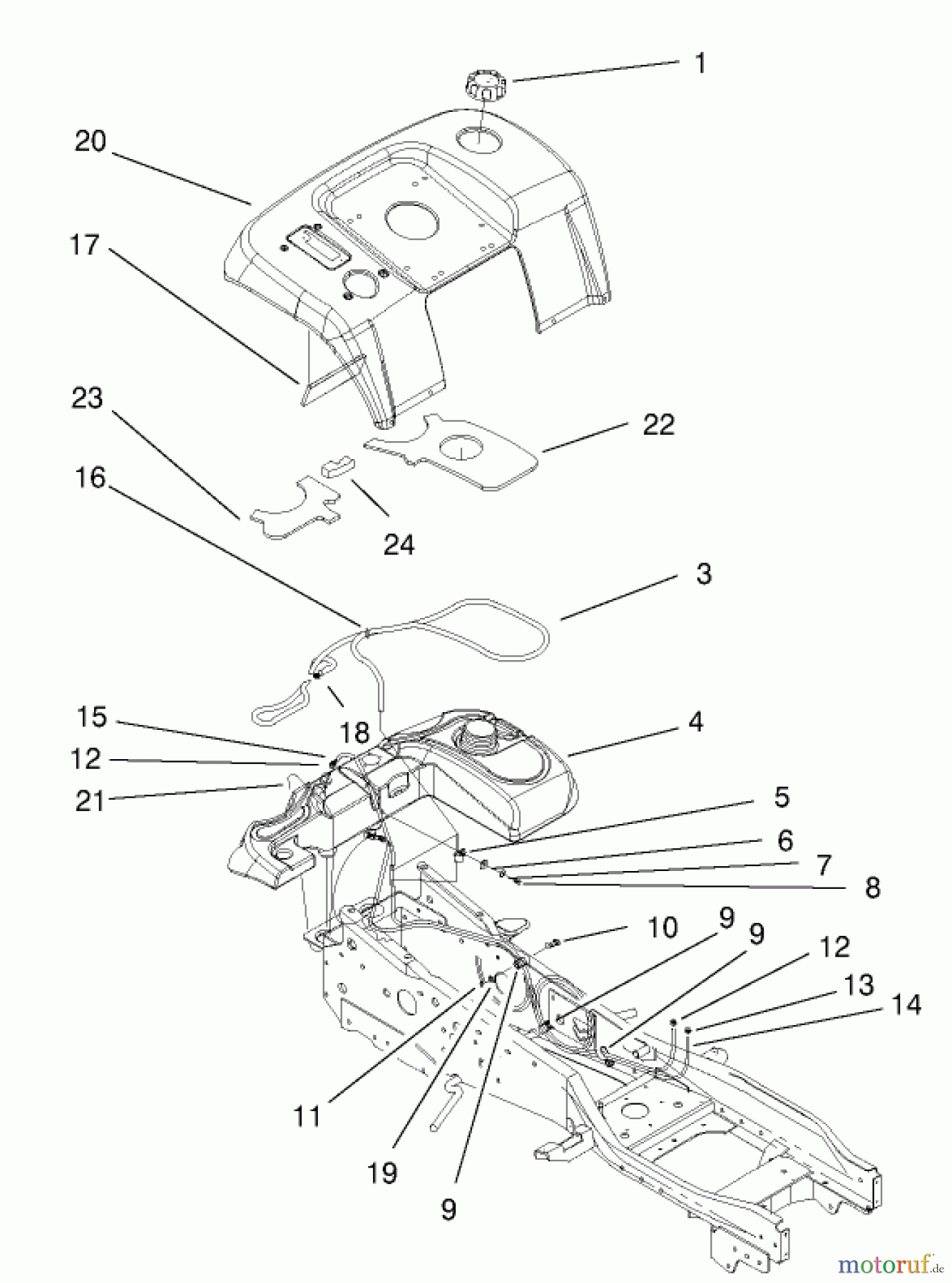 Toro Neu Mowers, Lawn & Garden Tractor Seite 1 73552 (523Dxi) - Toro 523Dxi Garden Tractor, 2000 (200000001-200999999) FENDER & FUEL SYSTEM ASSEMBLY