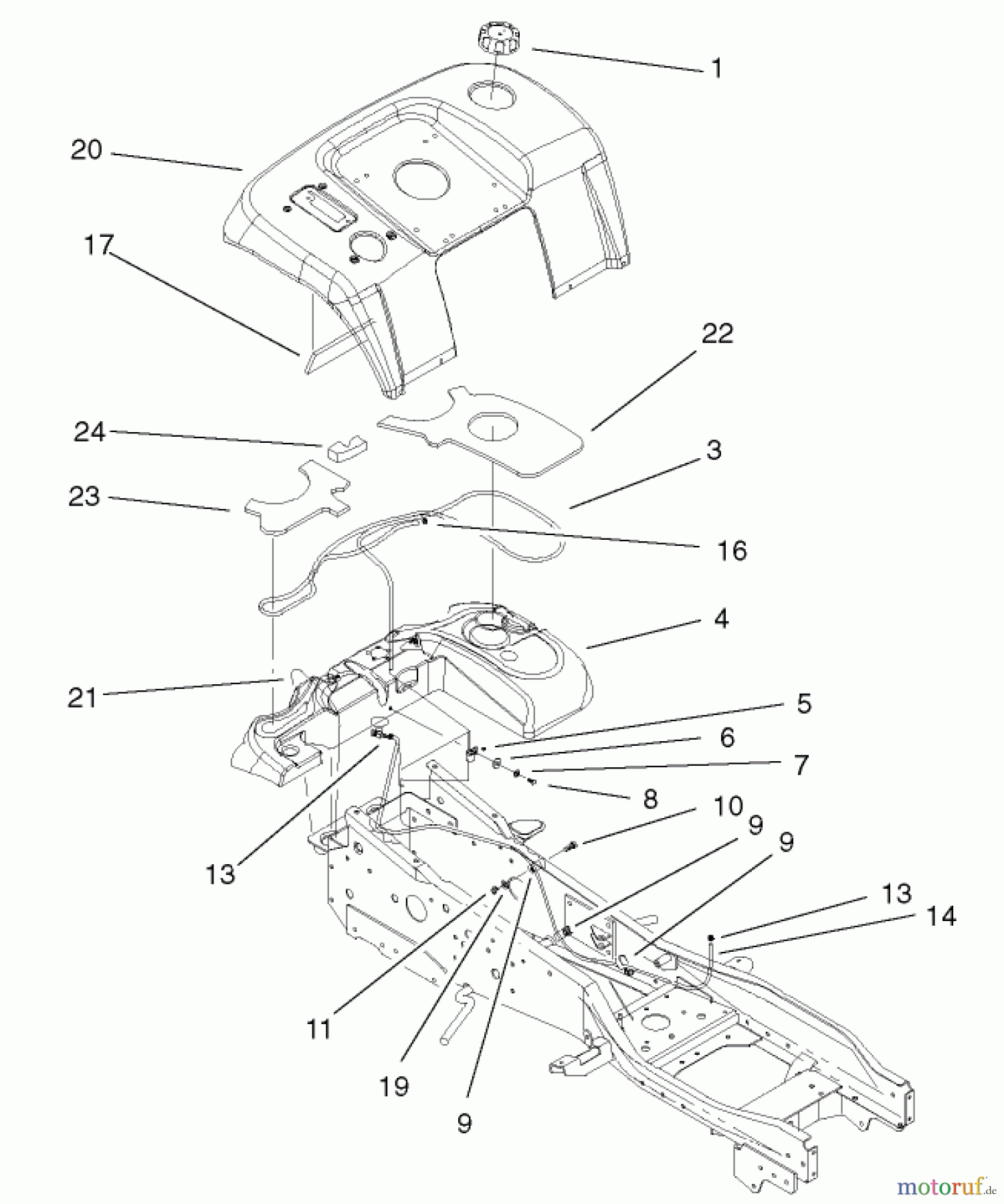  Toro Neu Mowers, Lawn & Garden Tractor Seite 1 73561 (522xi) - Toro 522xi Garden Tractor, 2001 (210000001-210999999) FENDER & FUEL SYSTEM ASSEMBLY