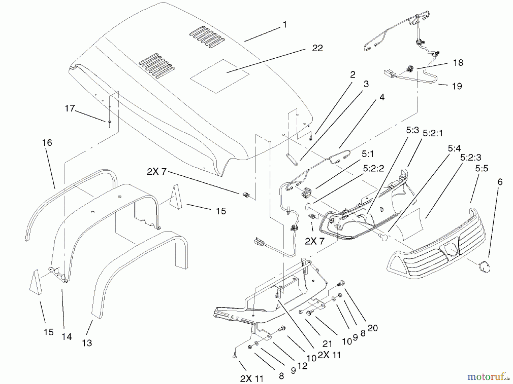 Toro Neu Mowers, Lawn & Garden Tractor Seite 1 73561 (522xi) - Toro 522xi Garden Tractor, 2001 (210000001-210999999) HOOD & HEADLIGHT ASSEMBLY