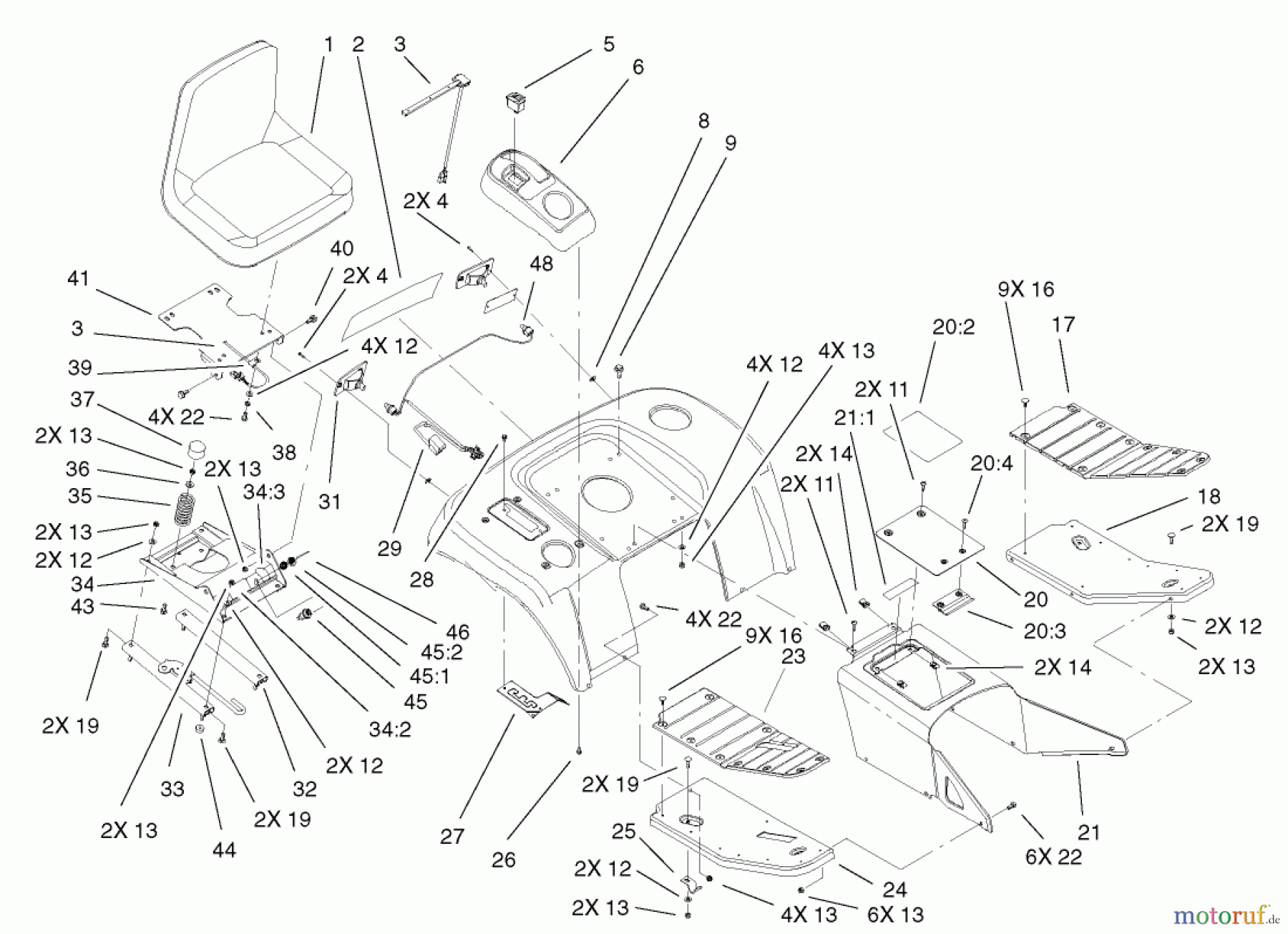 Toro Neu Mowers, Lawn & Garden Tractor Seite 1 73561 (522xi) - Toro 522xi Garden Tractor, 2004 (240000001-240999999) FENDER, FOOTREST, & SEAT ASSEMBLY