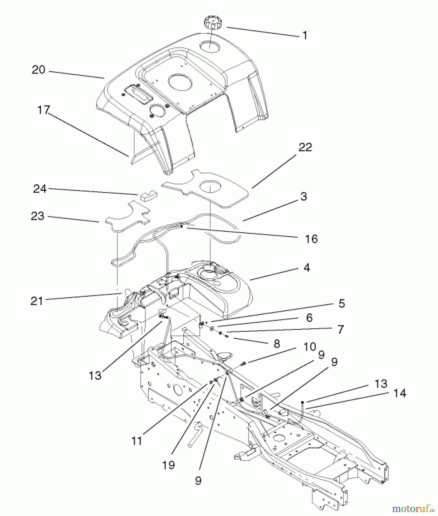 Toro Neu Mowers, Lawn & Garden Tractor Seite 1 73561 (522xi) - Toro 522xi Garden Tractor, 2004 (240000001-240999999) FENDER & FUEL SYSTEM ASSEMBLY