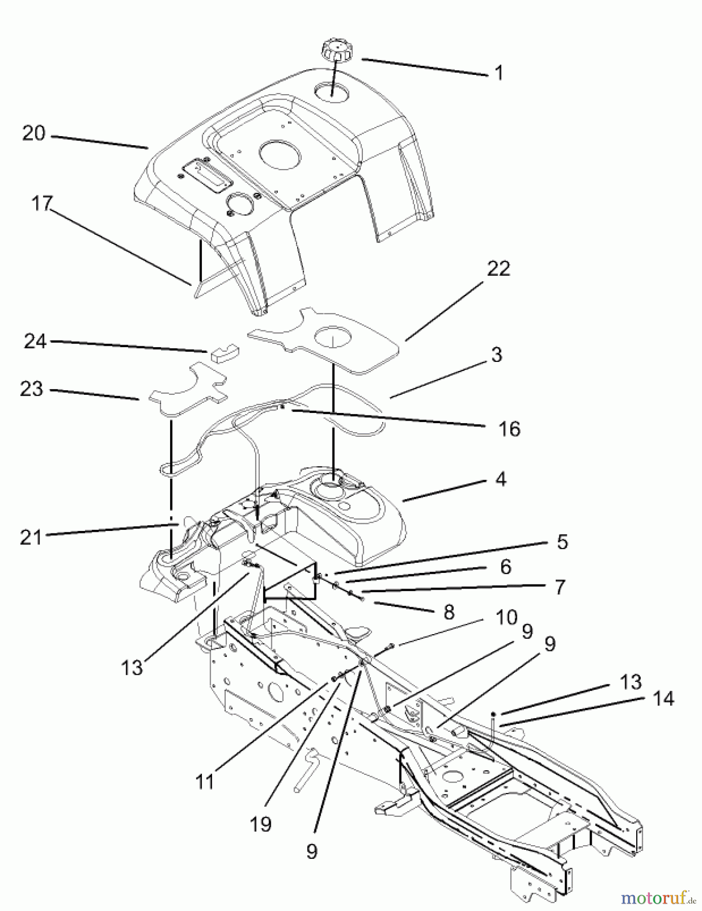  Toro Neu Mowers, Lawn & Garden Tractor Seite 1 73570 (520xi) - Toro 520xi Garden Tractor, 2003 (230000001-230999999) FENDER AND FUEL SYSTEM ASSEMBLY