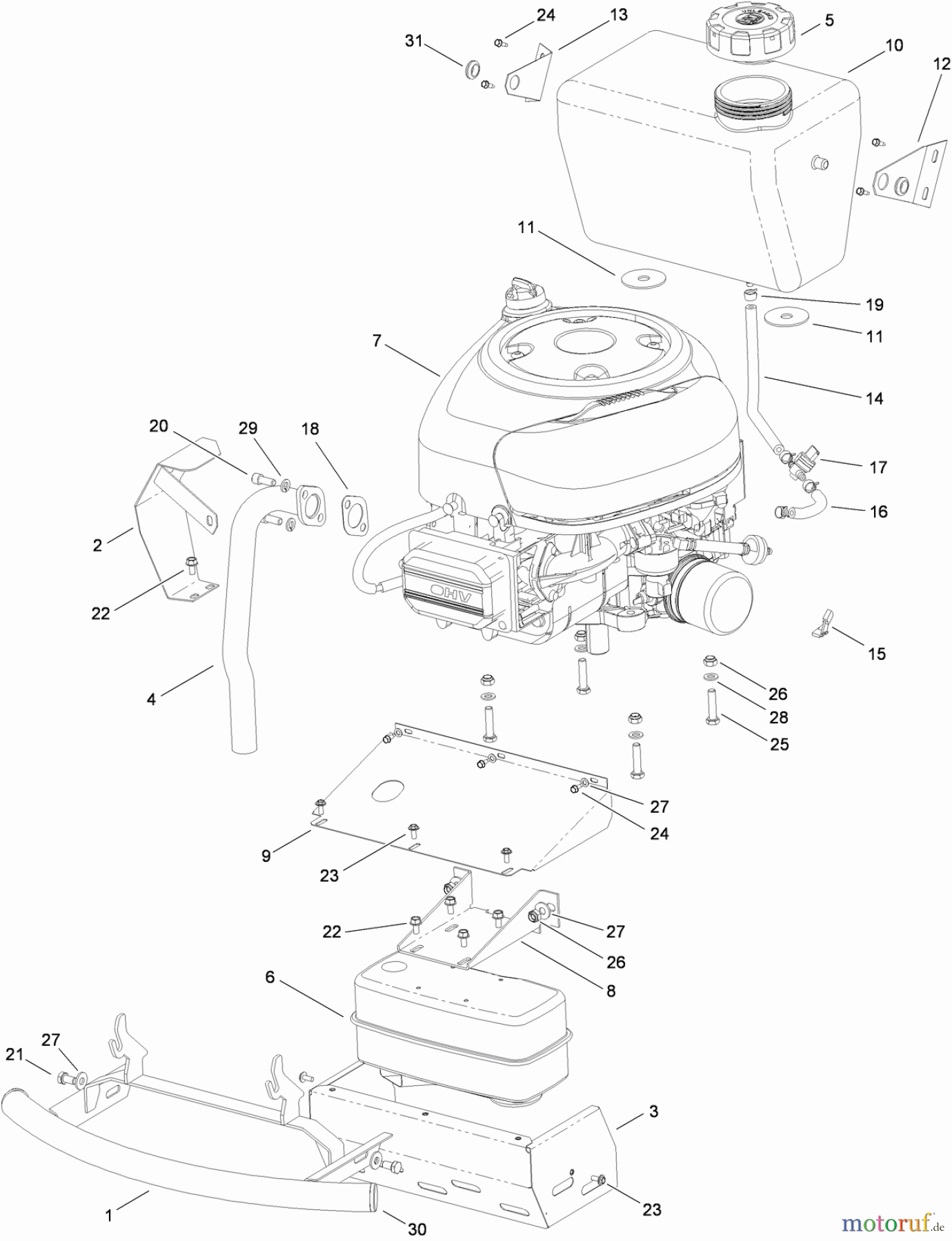 Toro Neu Mowers, Lawn & Garden Tractor Seite 1 74560 (DH 140) - Toro DH 140 Lawn Tractor, 2010 (310000001-310999999) ENGINE, MUFFLER AND FUEL TANK ASSEMBLY