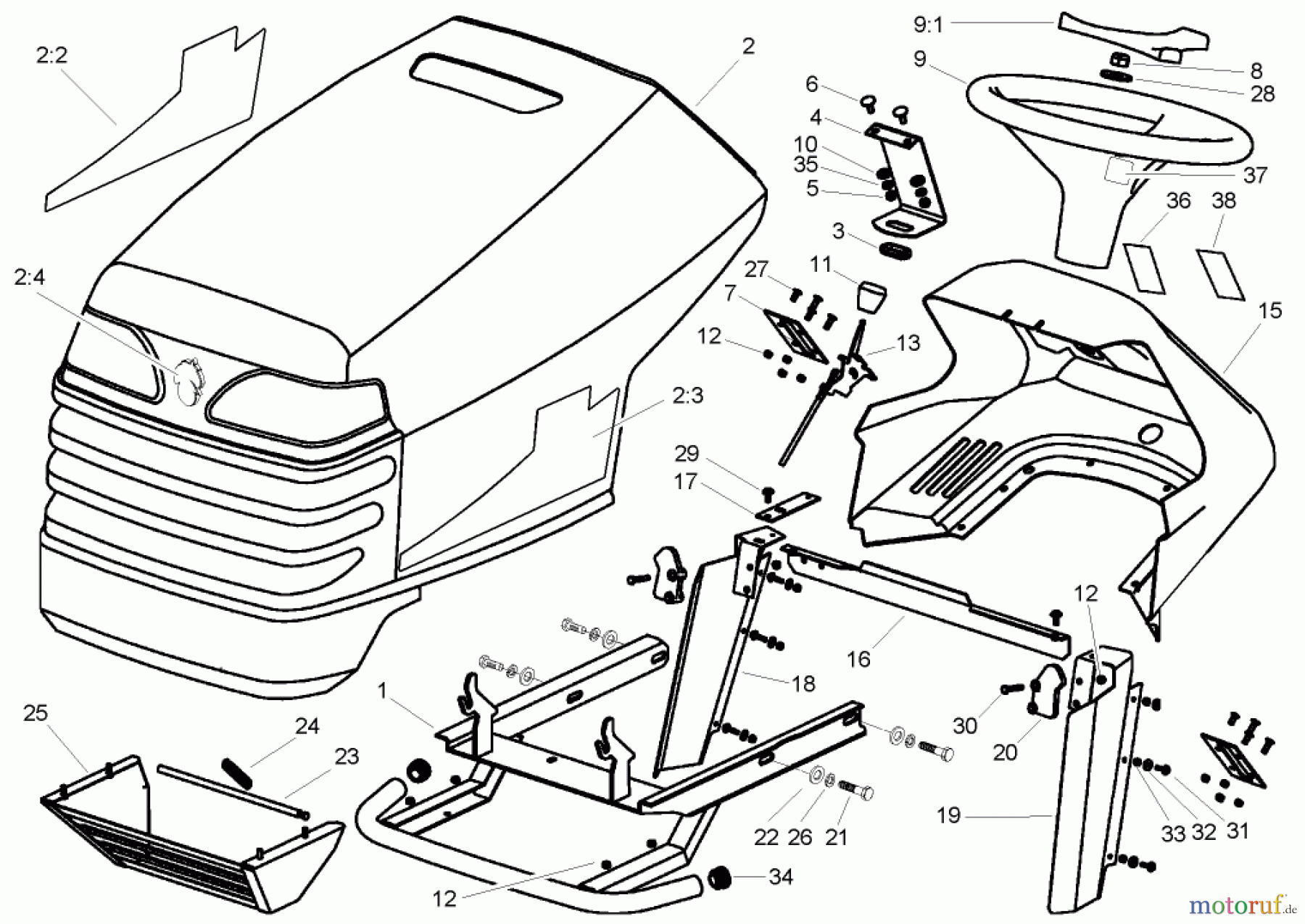 Toro Neu Mowers, Lawn & Garden Tractor Seite 1 74570 (170-DH) - Toro 170-DH Lawn Tractor, 2004 (240000001-240999999) BODY AND HOOD ASSEMBLY