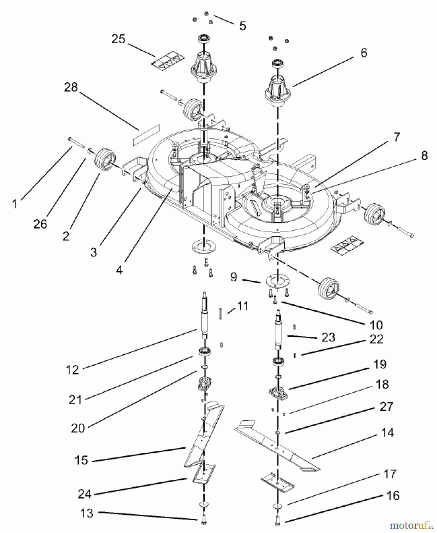 Toro Neu Mowers, Lawn & Garden Tractor Seite 1 74571 (150-DH) - Toro 150-DH Lawn Tractor, 2004 (240000001-240999999) CUTTING PAN, MOWER HOUSING ASSEMBLY