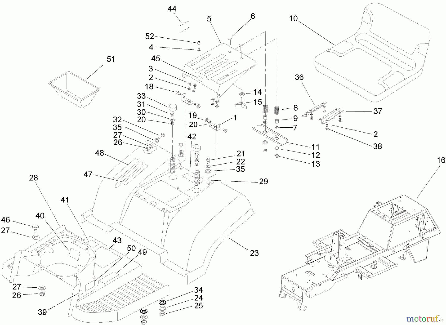  Toro Neu Mowers, Lawn & Garden Tractor Seite 1 74571 (DH 200) - Toro DH 200 Lawn Tractor, 2006 (260000001-260999999) FRAME AND SEAT ASSEMBLY