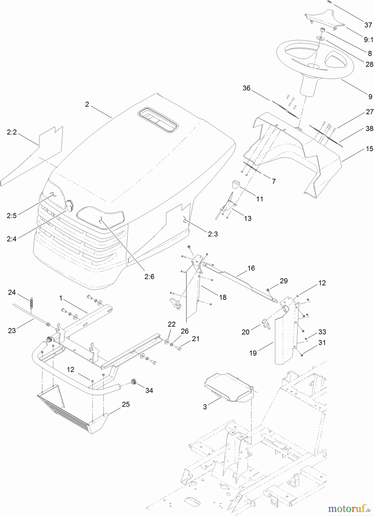  Toro Neu Mowers, Lawn & Garden Tractor Seite 1 74582 (DH 210) - Toro DH 210 Lawn Tractor, 2011 (311000001-311999999) BODY AND HOOD ASSEMBLY