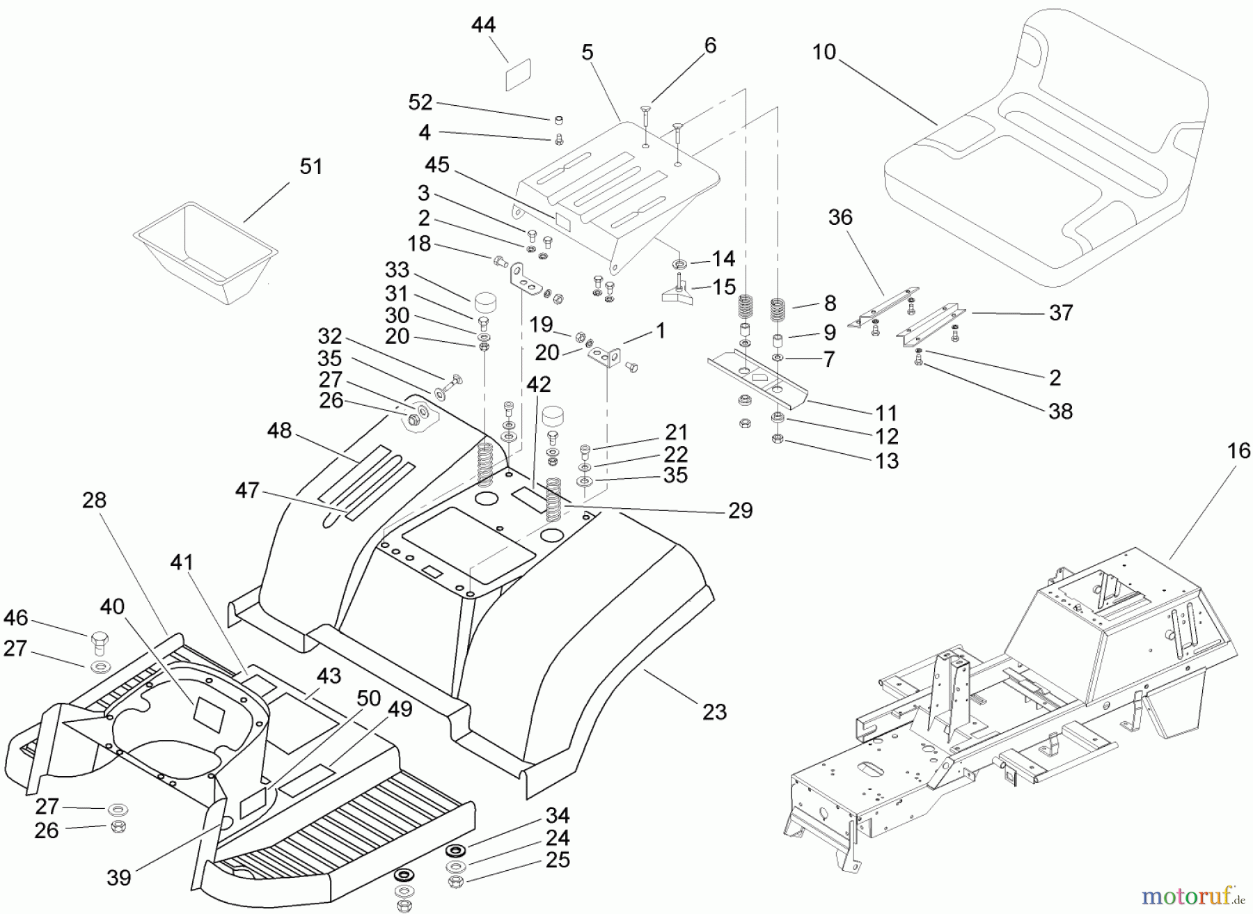  Toro Neu Mowers, Lawn & Garden Tractor Seite 1 74590 (DH 220) - Toro DH 220 Lawn Tractor, 2005 (250000001-250999999) FRAME AND SEAT ASSEMBLY