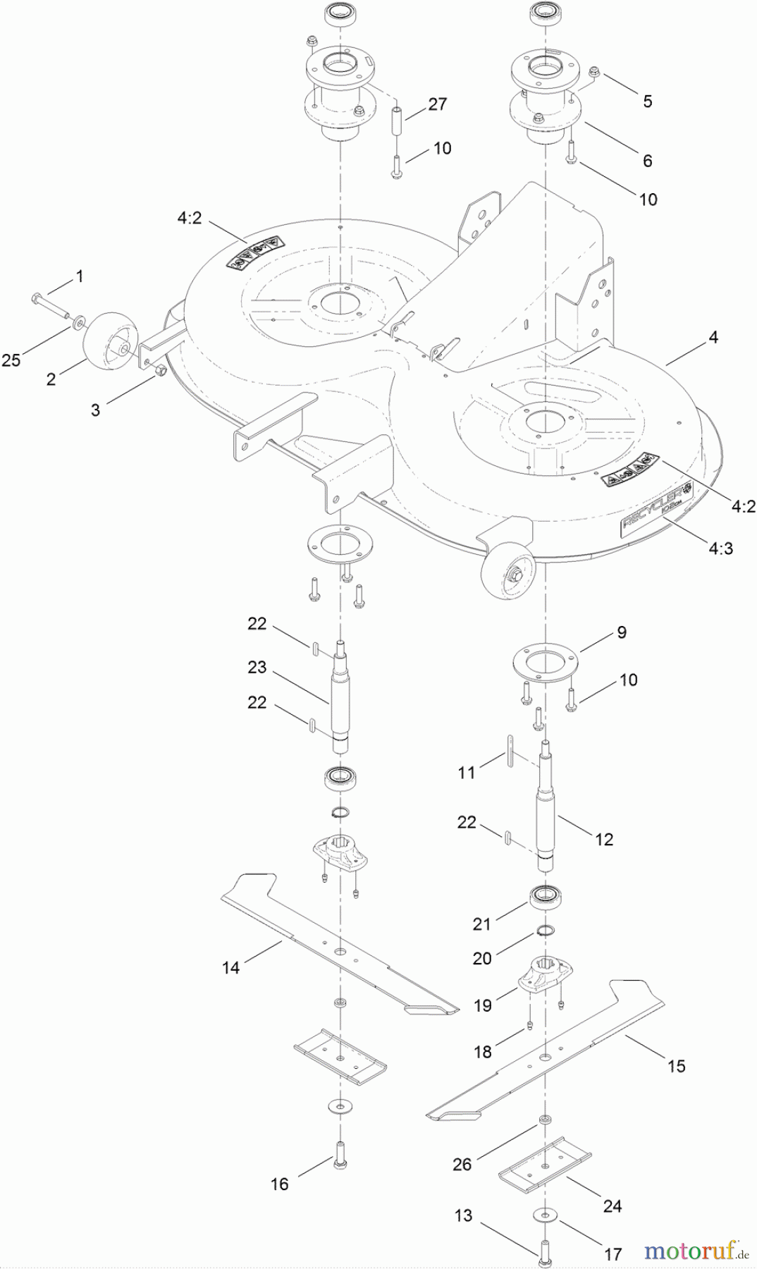 Toro Neu Mowers, Lawn & Garden Tractor Seite 1 74593 (DH 220) - Toro DH 220 Lawn Tractor, 2011 (311000001-311000400) DECK, SPINDLE AND BLADE ASSEMBLY