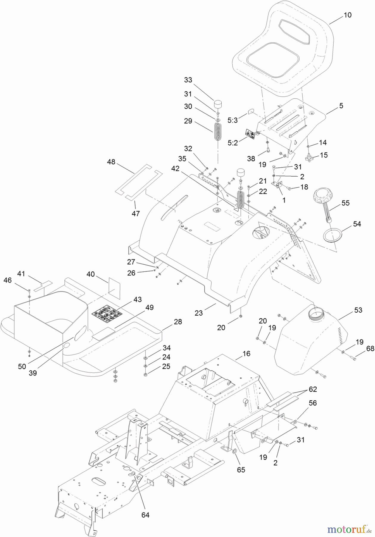  Toro Neu Mowers, Lawn & Garden Tractor Seite 1 74593 (DH 220) - Toro DH 220 Lawn Tractor, 2011 (311000001-311000400) FRAME, FENDER, SEAT AND FUEL TANK ASSEMBLY
