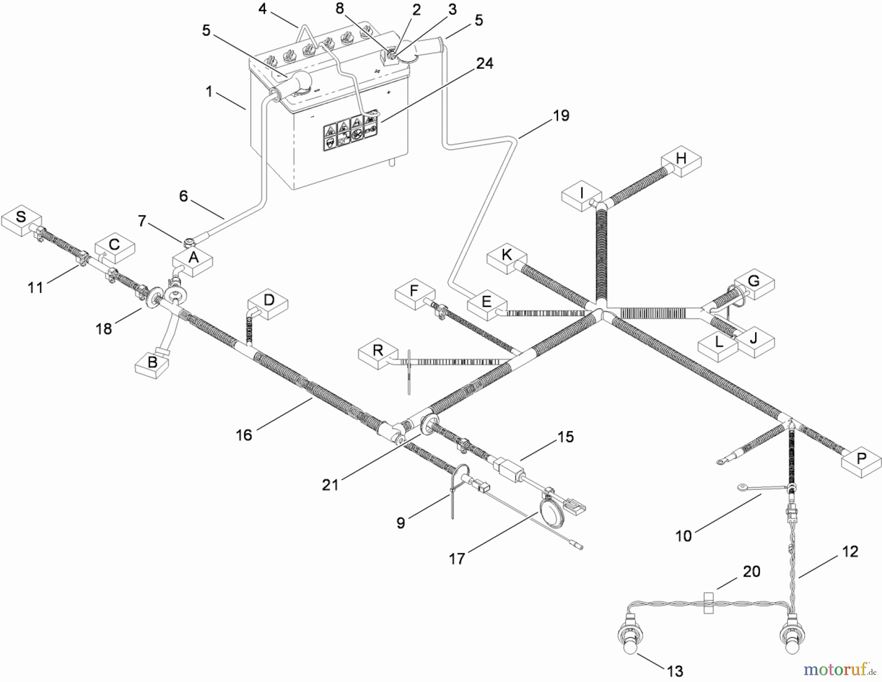 Toro Neu Mowers, Lawn & Garden Tractor Seite 1 74593 (DH 220) - Toro DH 220 Lawn Tractor, 2011 (311000401-311999999) BATTERY AND ELECTRICAL HARNESS ASSEMBLY