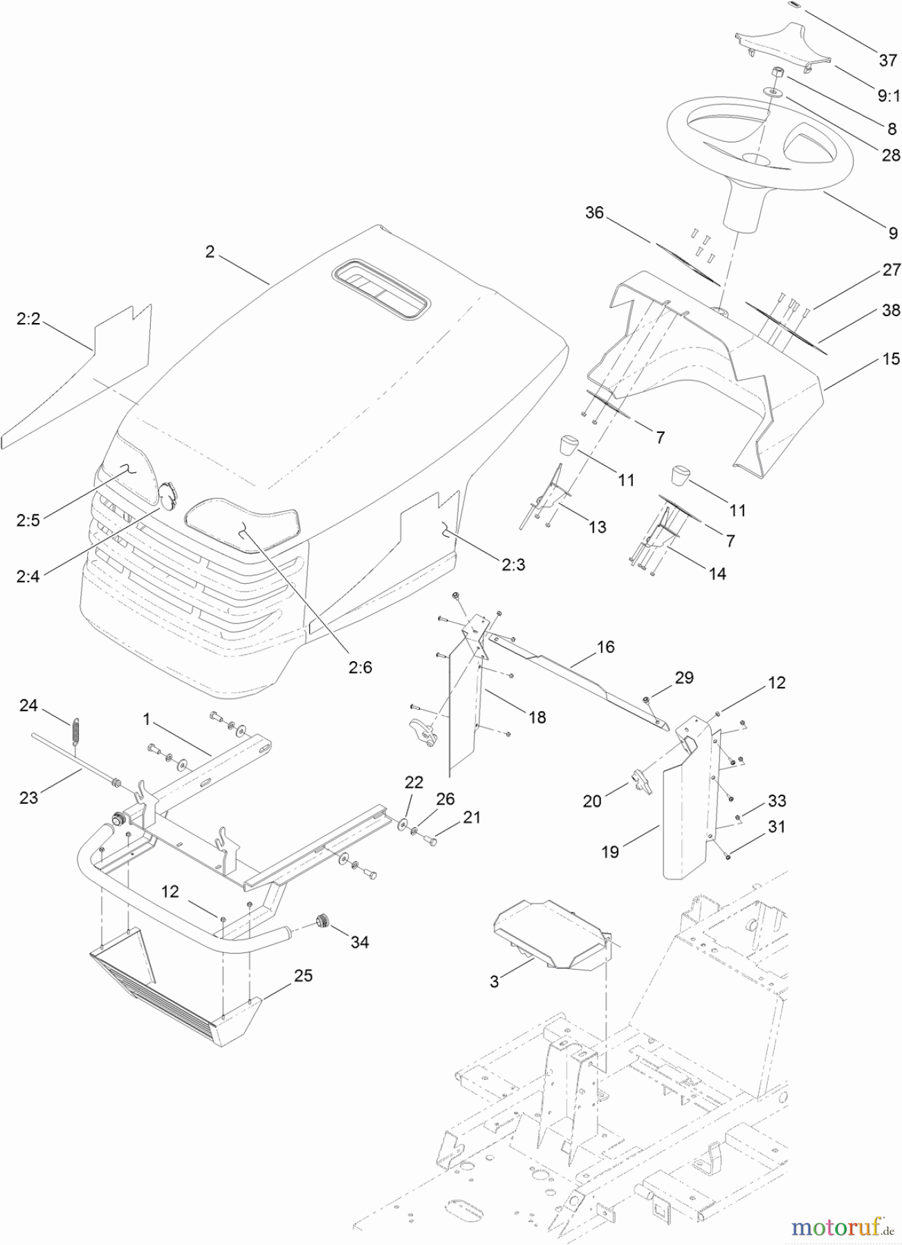 Toro Neu Mowers, Lawn & Garden Tractor Seite 1 74593 (DH 220) - Toro DH 220 Lawn Tractor, 2011 (311000401-311999999) BODY AND HOOD ASSEMBLY