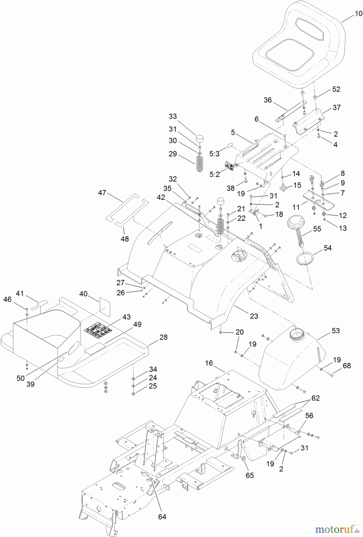 Toro Neu Mowers, Lawn & Garden Tractor Seite 1 74593 (DH 220) - Toro DH 220 Lawn Tractor, 2011 (311000401-311999999) FRAME, FENDER, SEAT AND FUEL TANK ASSEMBLY
