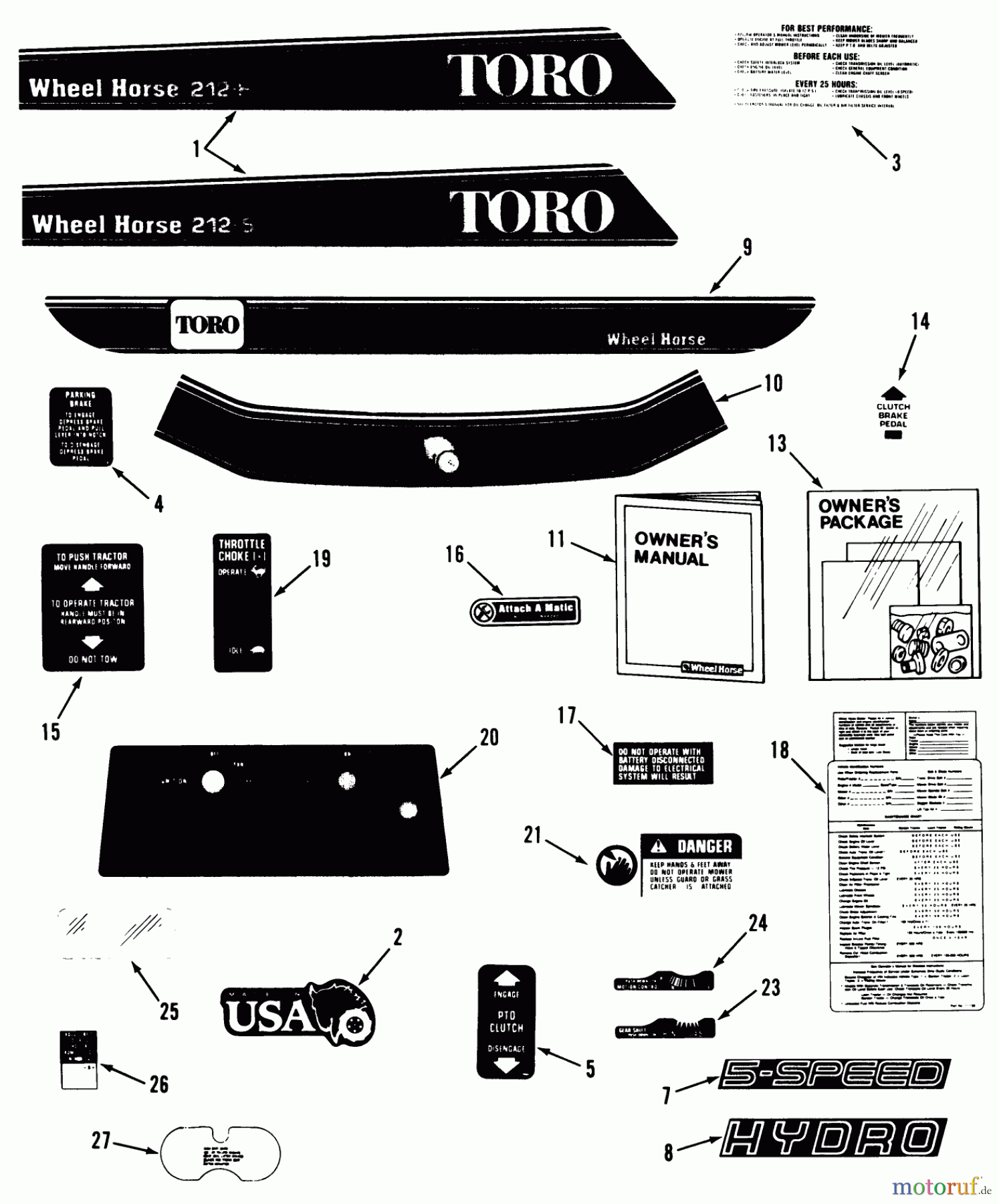 Toro Neu Mowers, Lawn & Garden Tractor Seite 2 A2-12KE02 (212-H) - Toro 212-H Tractor, 1991 (1000001-1999999) DECAL & MISCELLANEOUS PARTS ASSEMBLY
