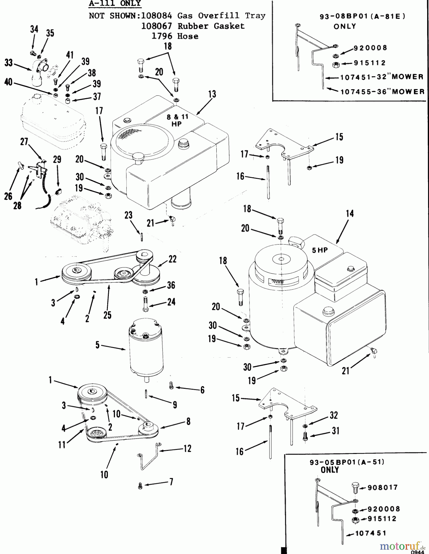 Toro Neu Mowers, Rear-Engine Rider 93-08BP01 (A-81E) - Toro A-81(E) 5-Speed Rear Engine Rider, 1979 ENGINE/DRIVE MOTOR, DRIVE BELT AND PULLEYS (CONT-D)