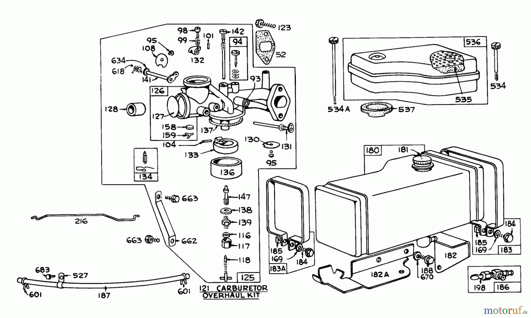 Toro Neu Mowers, Rear-Engine Rider 56100 (732) - Toro 732 Sportsman Rider, 1972 (2000001-2999999) CARBURETOR AND FUEL TANK ASSEMBLY RECOIL AND ELECTRIC START