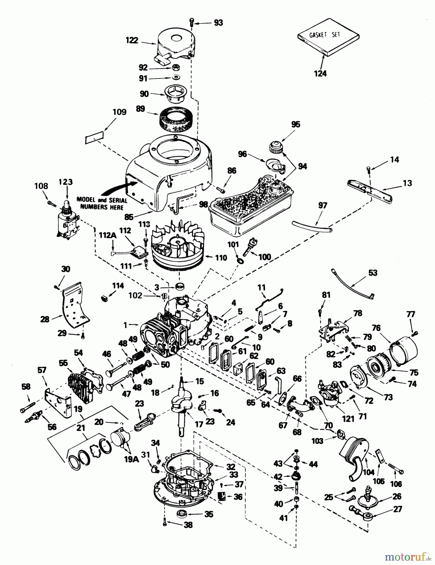 Toro Neu Mowers, Rear-Engine Rider 56125 (7-25) - Toro 7-25 Rear Engine Rider, 1985 (5000001-5999999) TECUMSEH ENGINE MODEL NO. V70-125183E