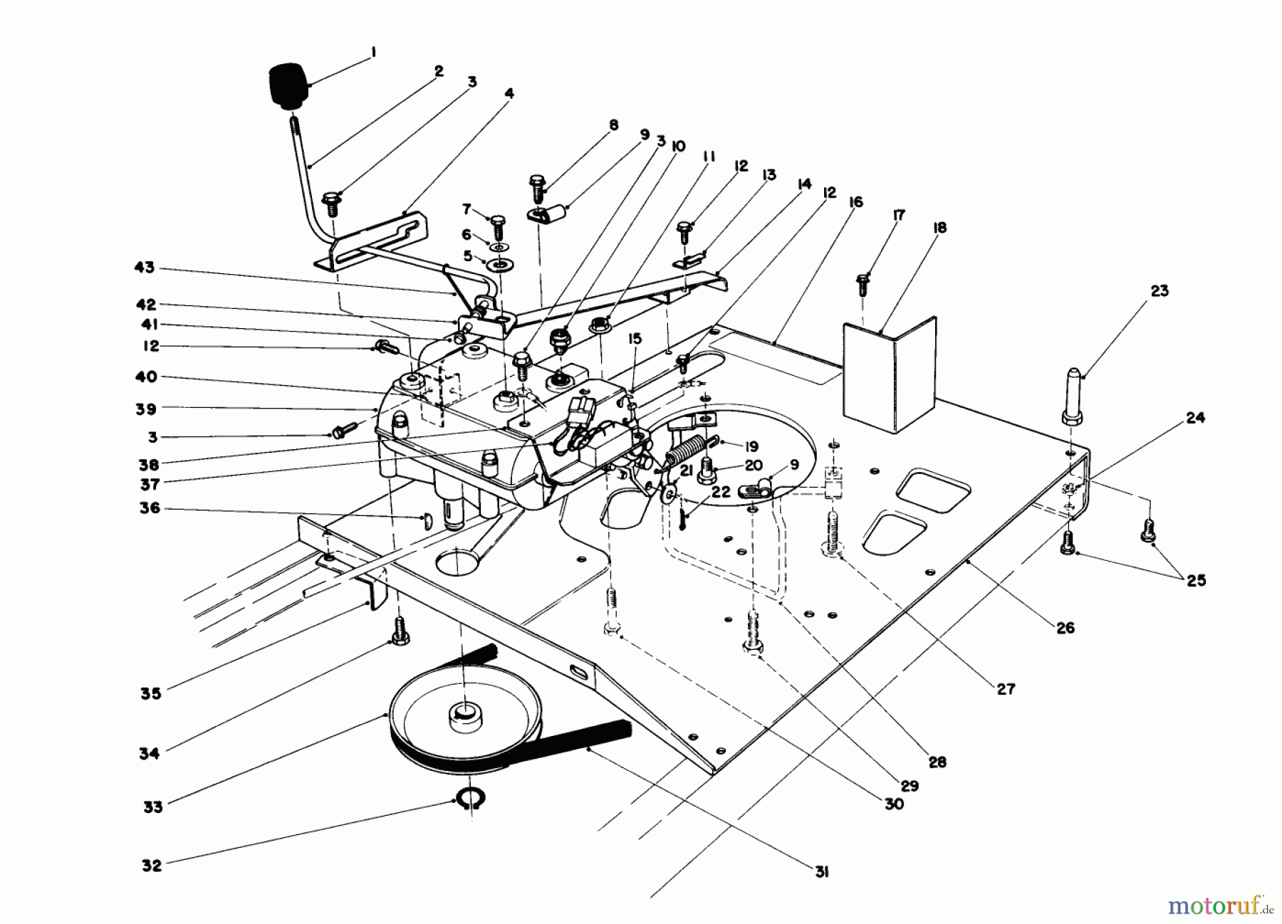  Toro Neu Mowers, Rear-Engine Rider 56125 (7-25) - Toro 7-25 Rear Engine Rider, 1986 (6000001-6999999) ENGINE PLATE AND SHIFT ASSEMBLY