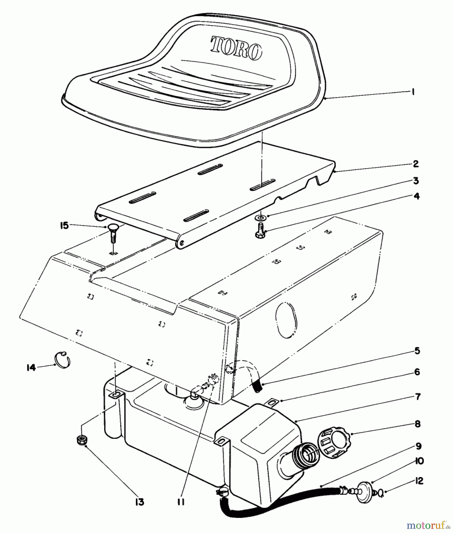 Toro Neu Mowers, Rear-Engine Rider 56127 (7-25) - Toro 7-25 Rear Engine Rider, 1988 (8000001-8999999) SEAT & GAS TANK ASSEMBLY