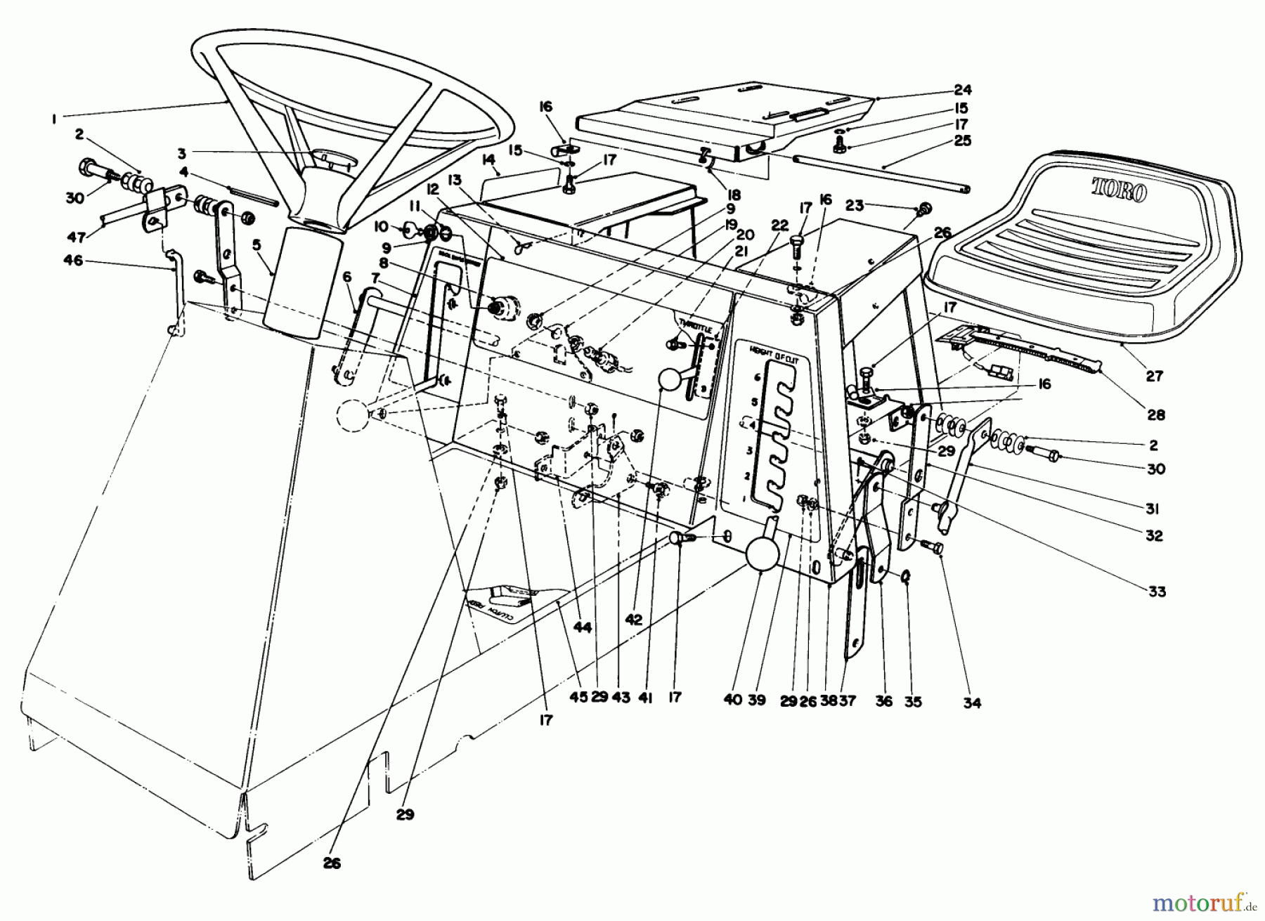 Toro Neu Mowers, Rear-Engine Rider 56138 (8-32) - Toro 8-32 Rear Engine Rider, 1986 (6000001-6999999) SEAT & STEERING WHEEL ASSEMBLY