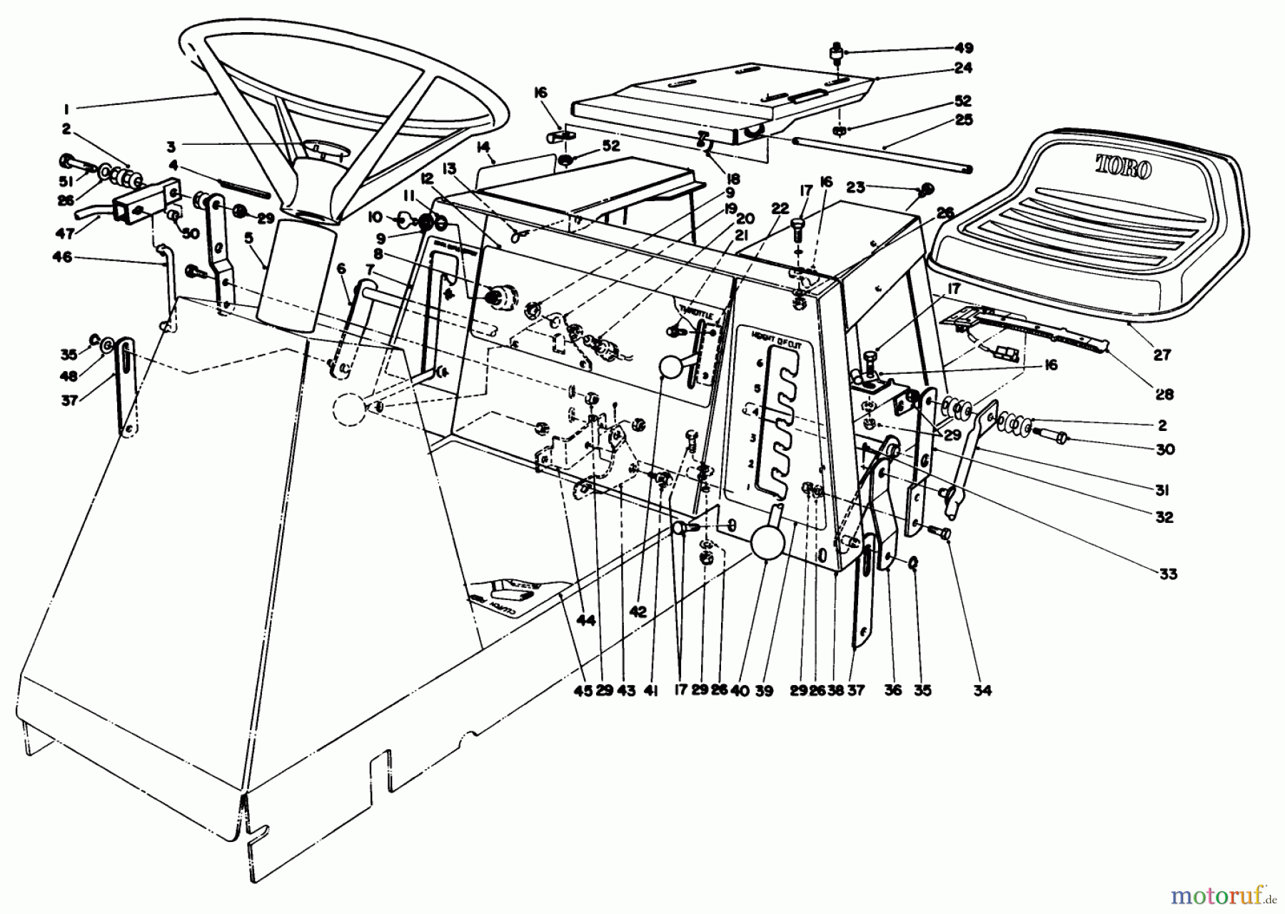 Toro Neu Mowers, Rear-Engine Rider 56150 (8-32) - Toro 8-32 Professional Rear Engine Rider, 1987 (7000001-7999999) SEAT & STEERING WHEEL ASSEMBLY