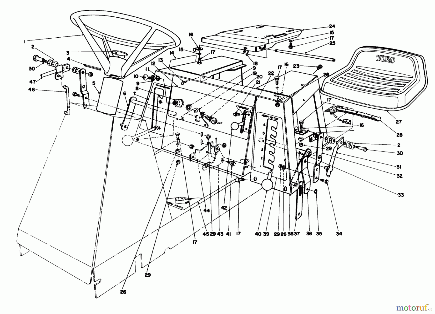 Toro Neu Mowers, Rear-Engine Rider 56155 (11-32) - Toro 11-32 Rear Engine Rider, 1986 (6000001-6999999) SEAT & STEERING WHEEL ASSEMBLY