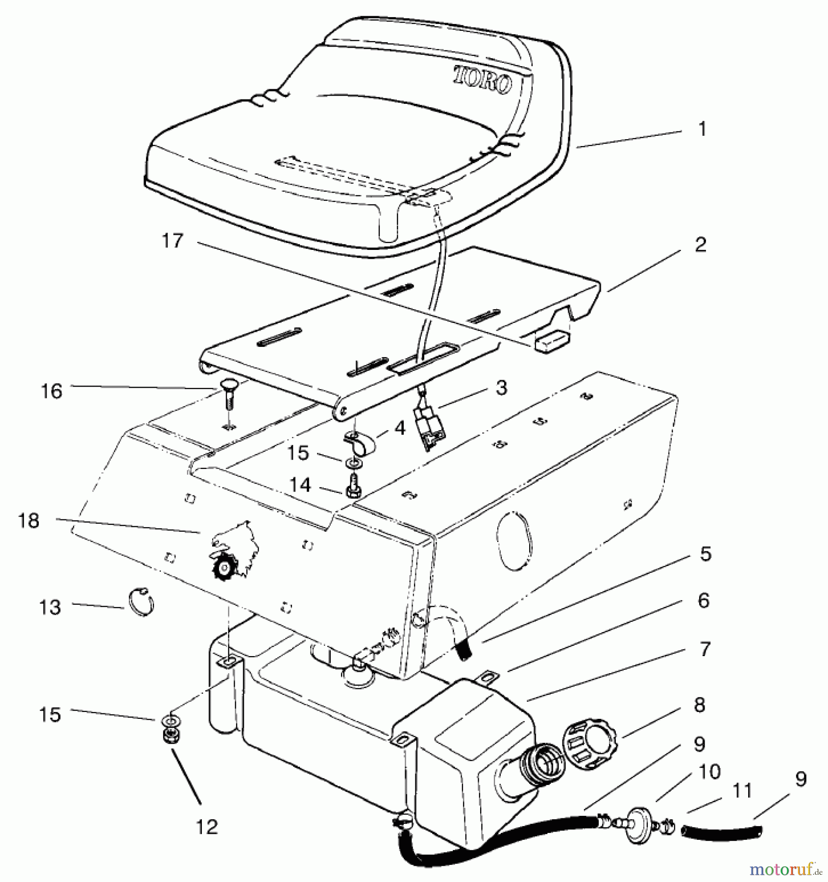 Toro Neu Mowers, Rear-Engine Rider 70044 (8-25) - Toro 8-25 Rear Engine Rider, 2000 (200000001-200999999) SEAT & GAS TANK ASSEMBLY