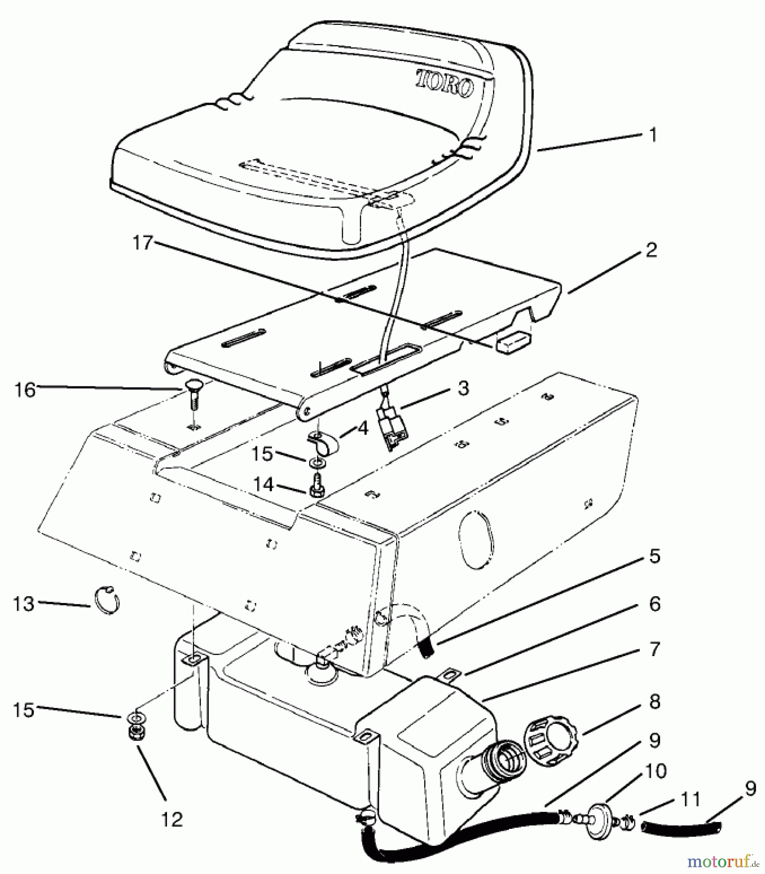 Toro Neu Mowers, Rear-Engine Rider 70060 (8-25) - Toro 8-25 Rear Engine Rider, 1995 (59000001-59999999) SEAT & GAS TANK ASSEMBLY