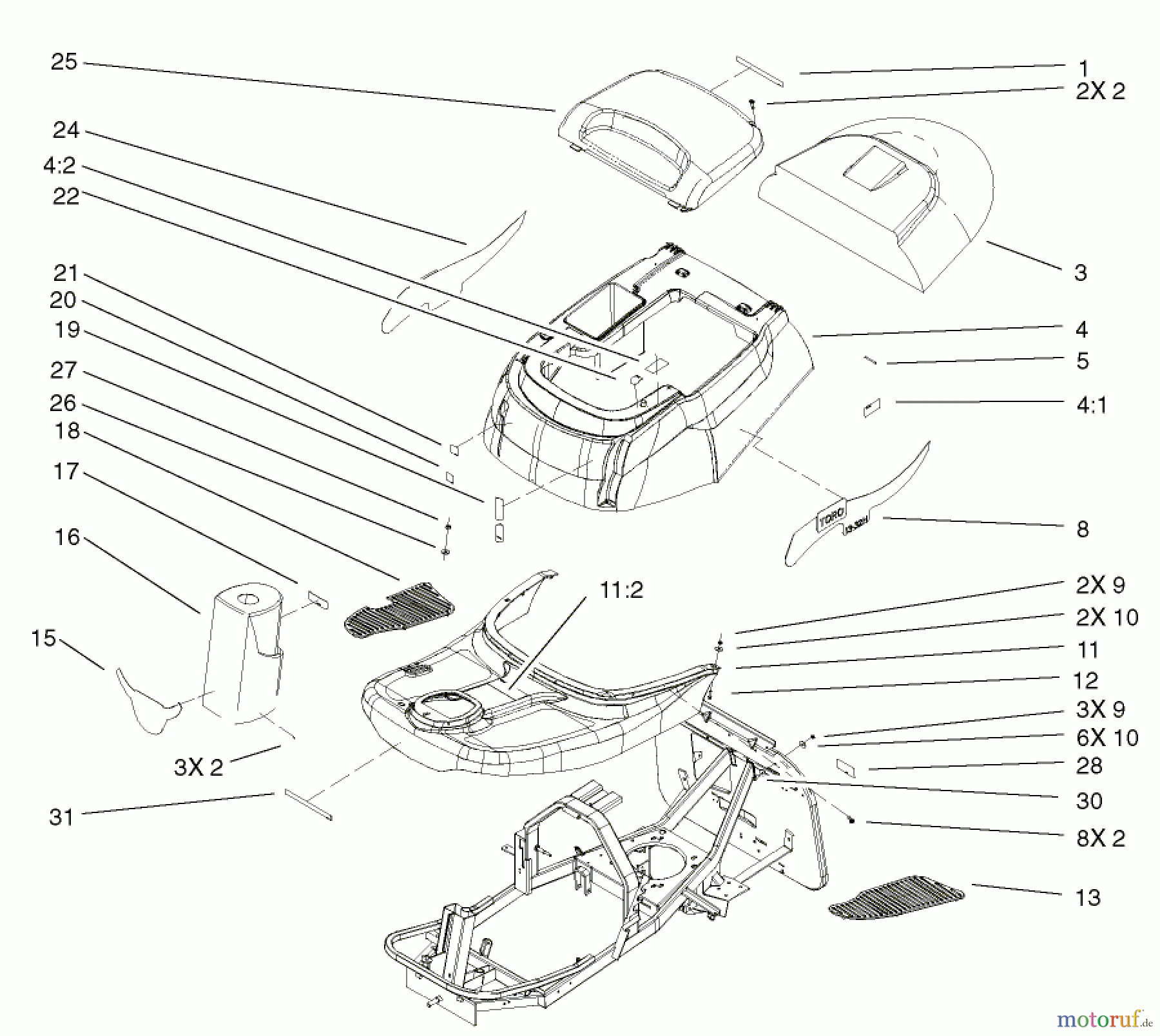 Toro Neu Mowers, Rear-Engine Rider 70184 (13-32H) - Toro 13-32H Rear Engine Rider, 2002 (220000001-220999999) BODY AND DECAL ASSEMBLY