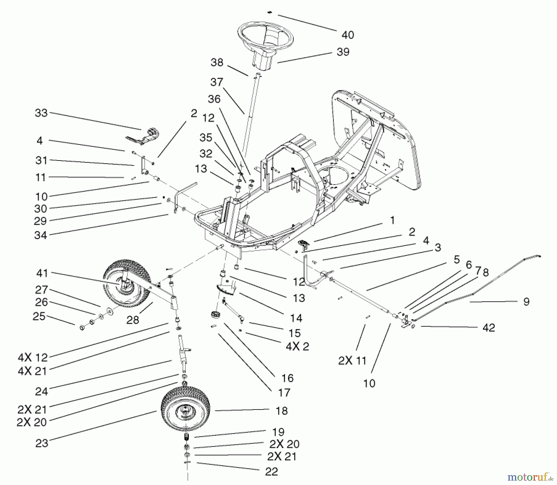 Toro Neu Mowers, Rear-Engine Rider 70184 (13-32H) - Toro 13-32H Rear Engine Rider, 2002 (220000001-220999999) FRONT AXLE AND STEERING ASSEMBLY