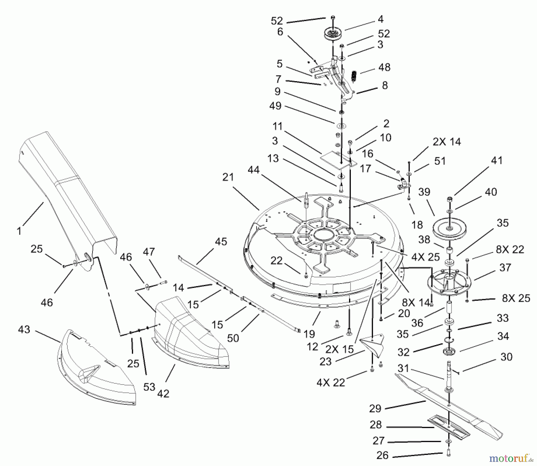 Toro Neu Mowers, Rear-Engine Rider 70184 (13-32H) - Toro 13-32H Rear-Engine Riding Mower, 2003 (230000001-230999999) DECK AND SPINDLE ASSEMBLY