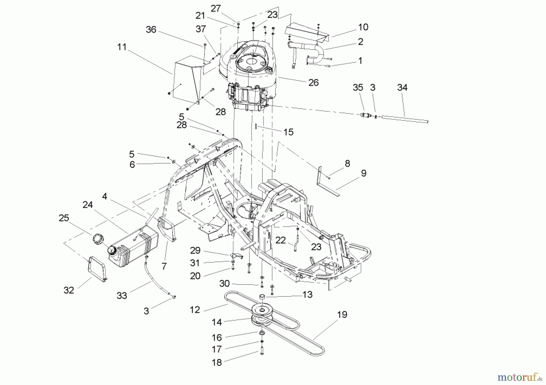 Toro Neu Mowers, Rear-Engine Rider 70185 (13-32G) - Toro 13-32G Rear-Engine Riding Mower, 2004 (240000001-240999999) ENGINE AND FUEL TANK ASSEMBLY
